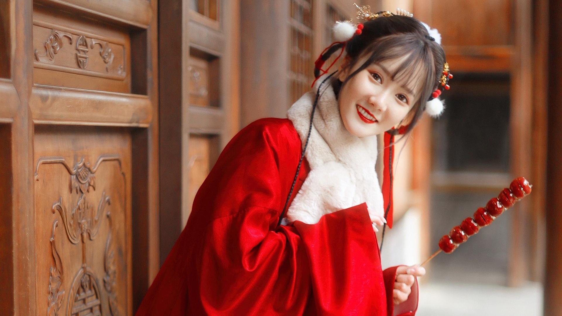 古风文艺 汉服 围巾 冰糖葫芦 宅院