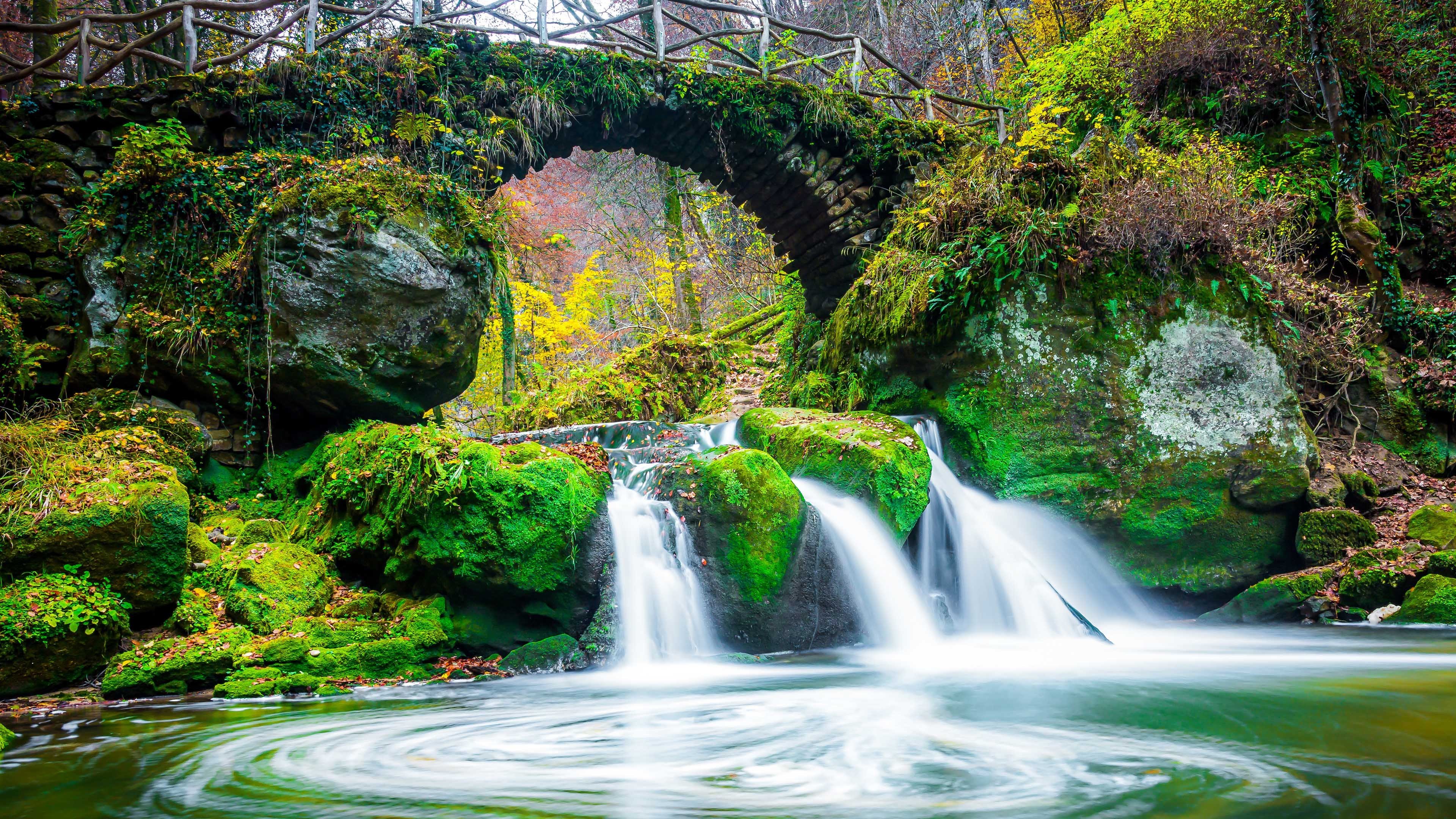 自然风光 拱桥 瀑布 延时 翠绿
