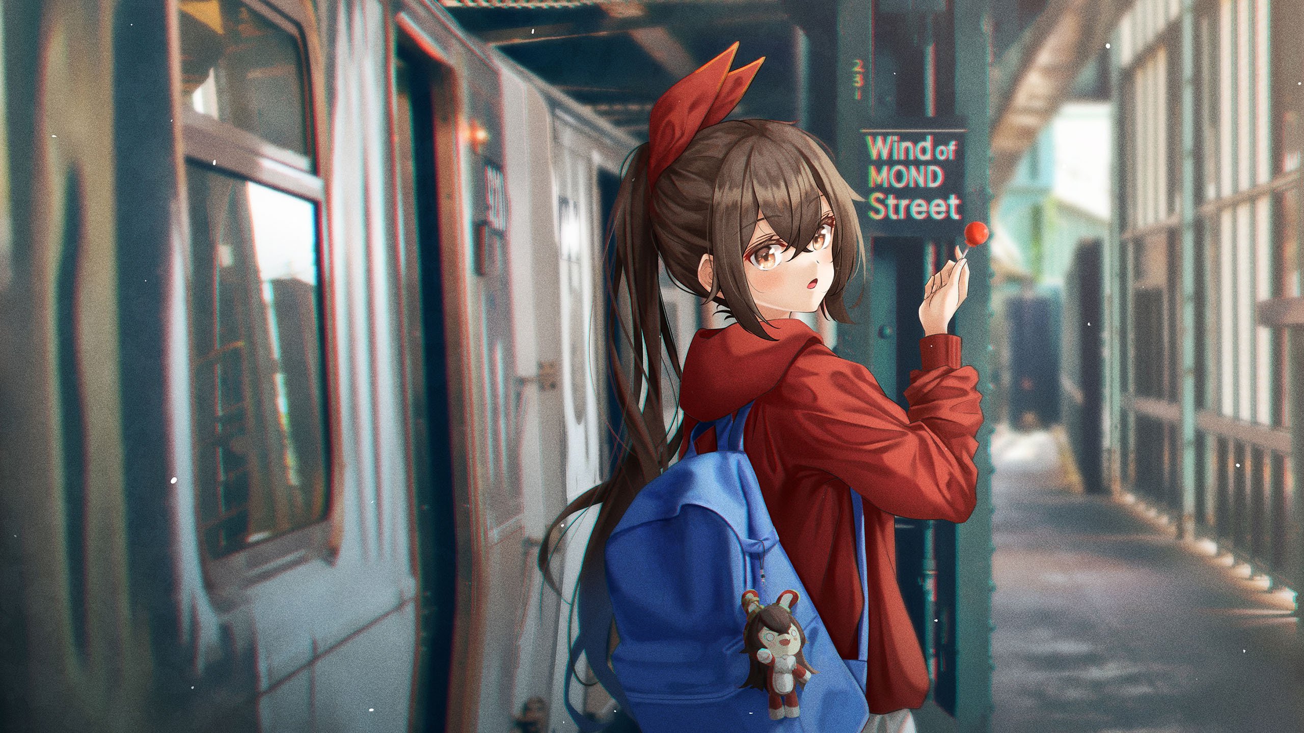 地铁 棒棒糖 书包 红头巾