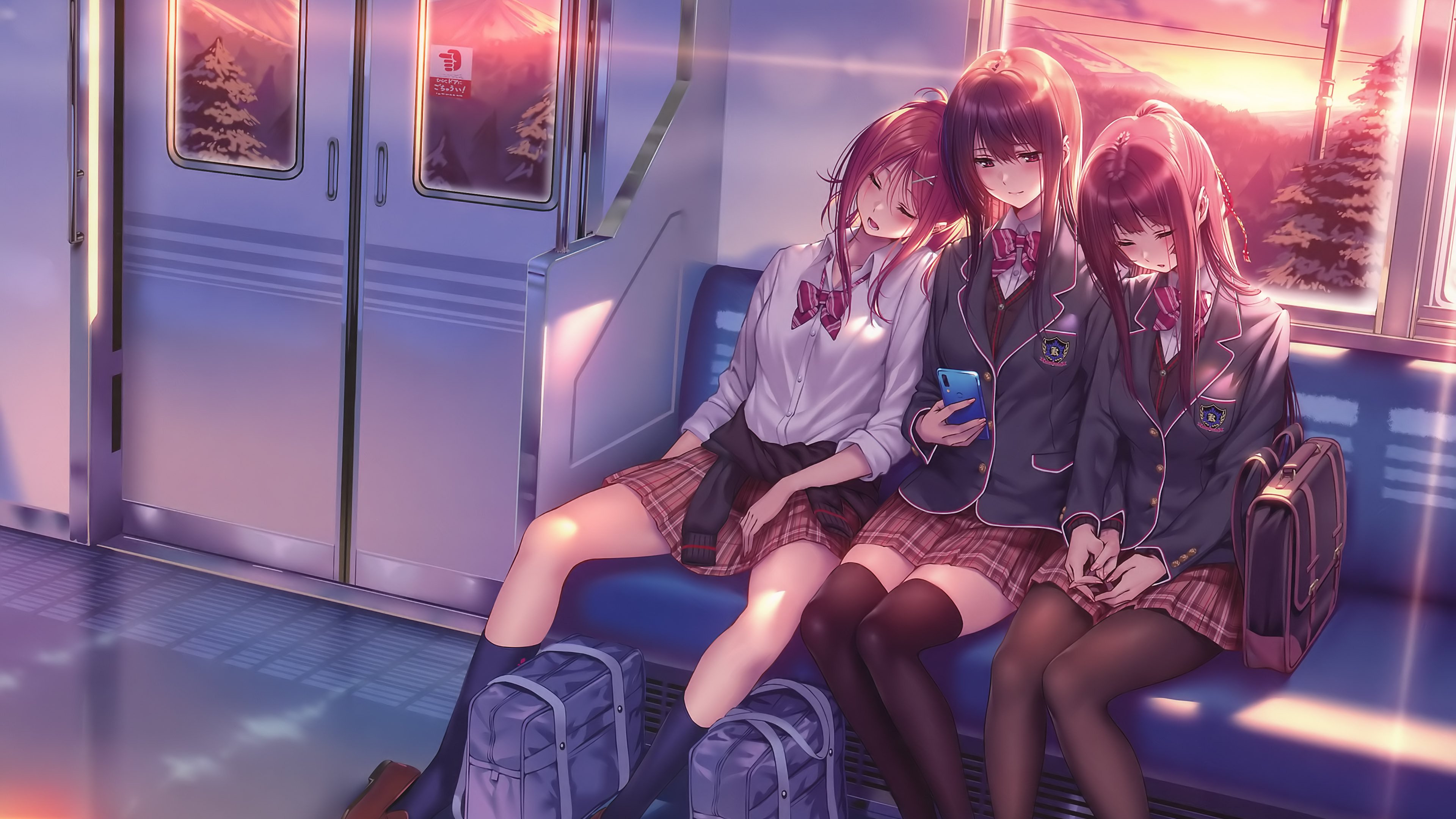 二次元 电车 放学 手机 夕阳 累