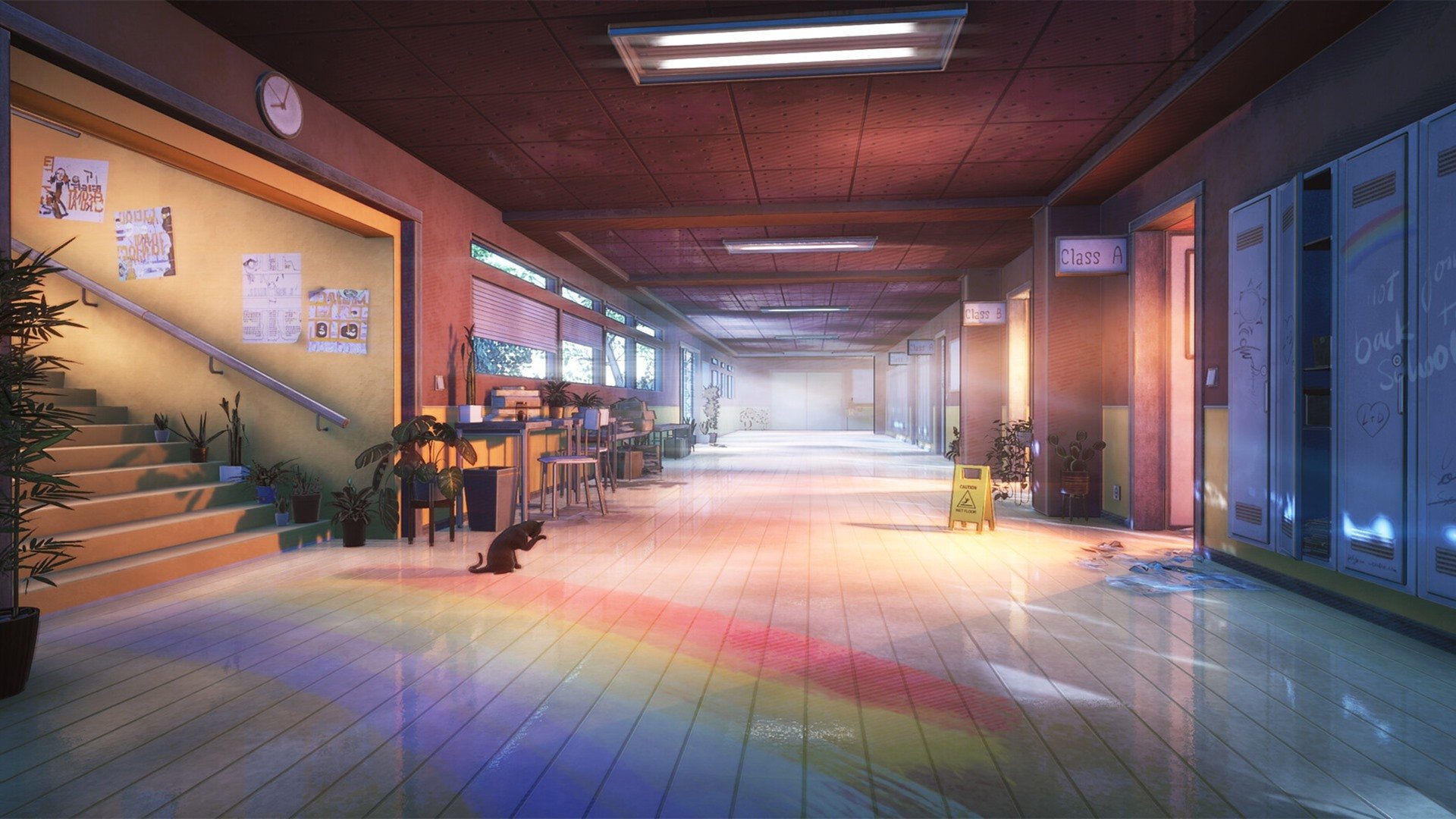 学校 教师 猫 走廊 楼梯