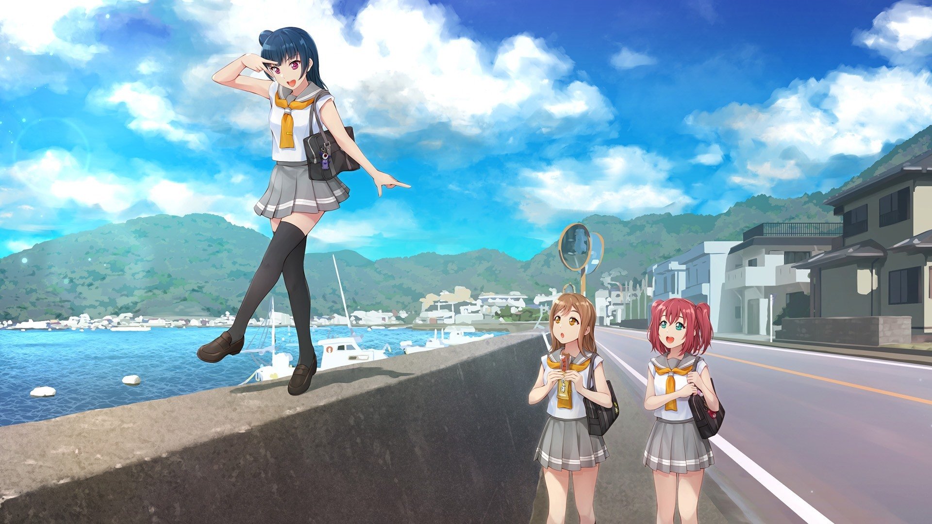 卡通人物 海港 学生 公路 放学 云朵