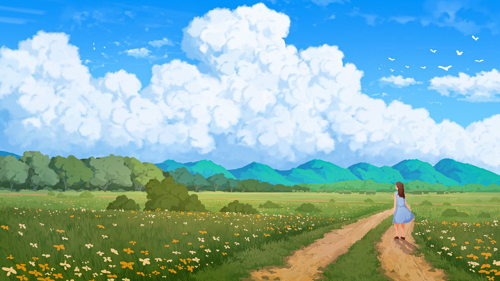 乡村 蓝天白云 花丛 草地