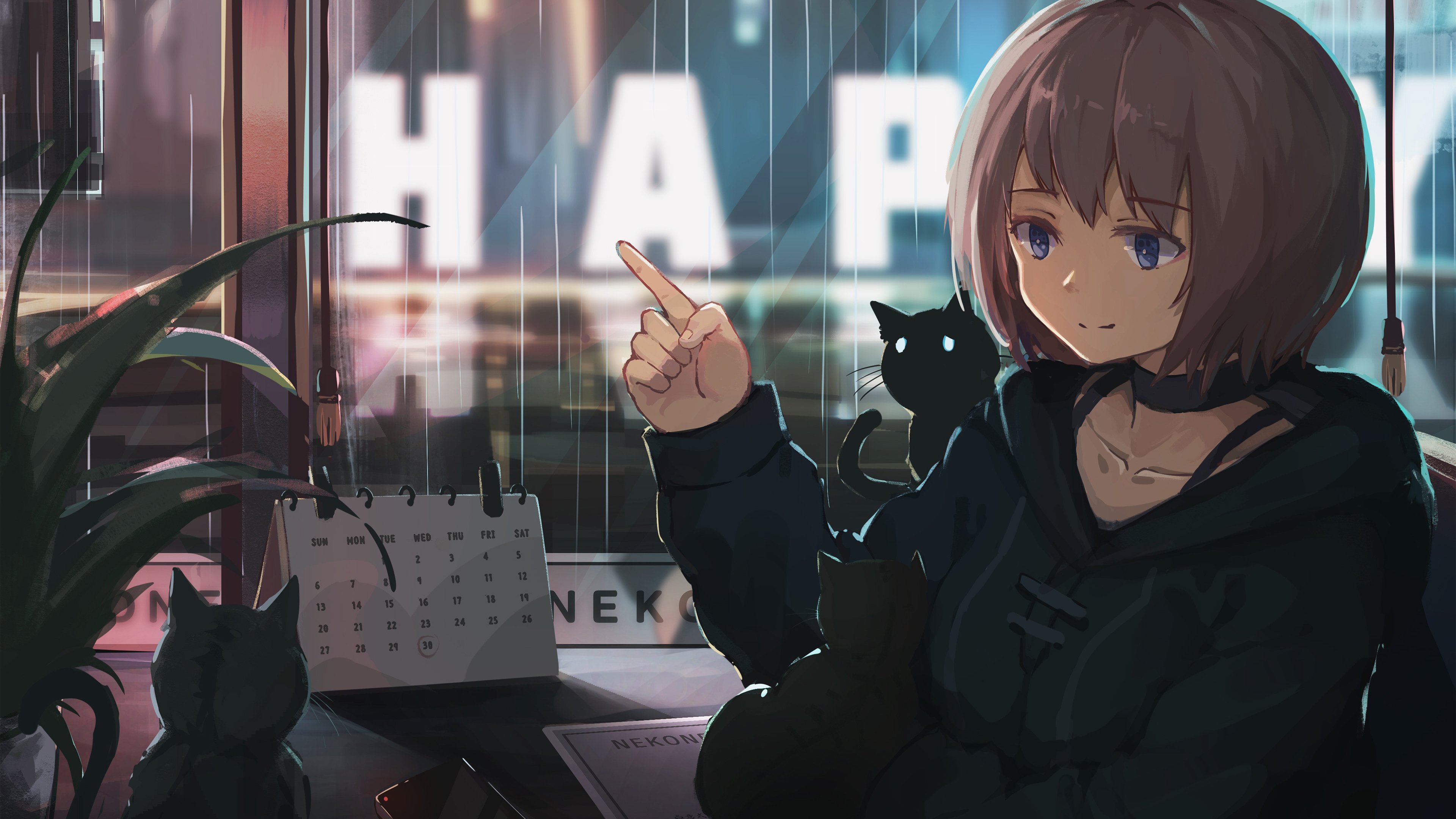 卡通人物 雨 猫咪 日历