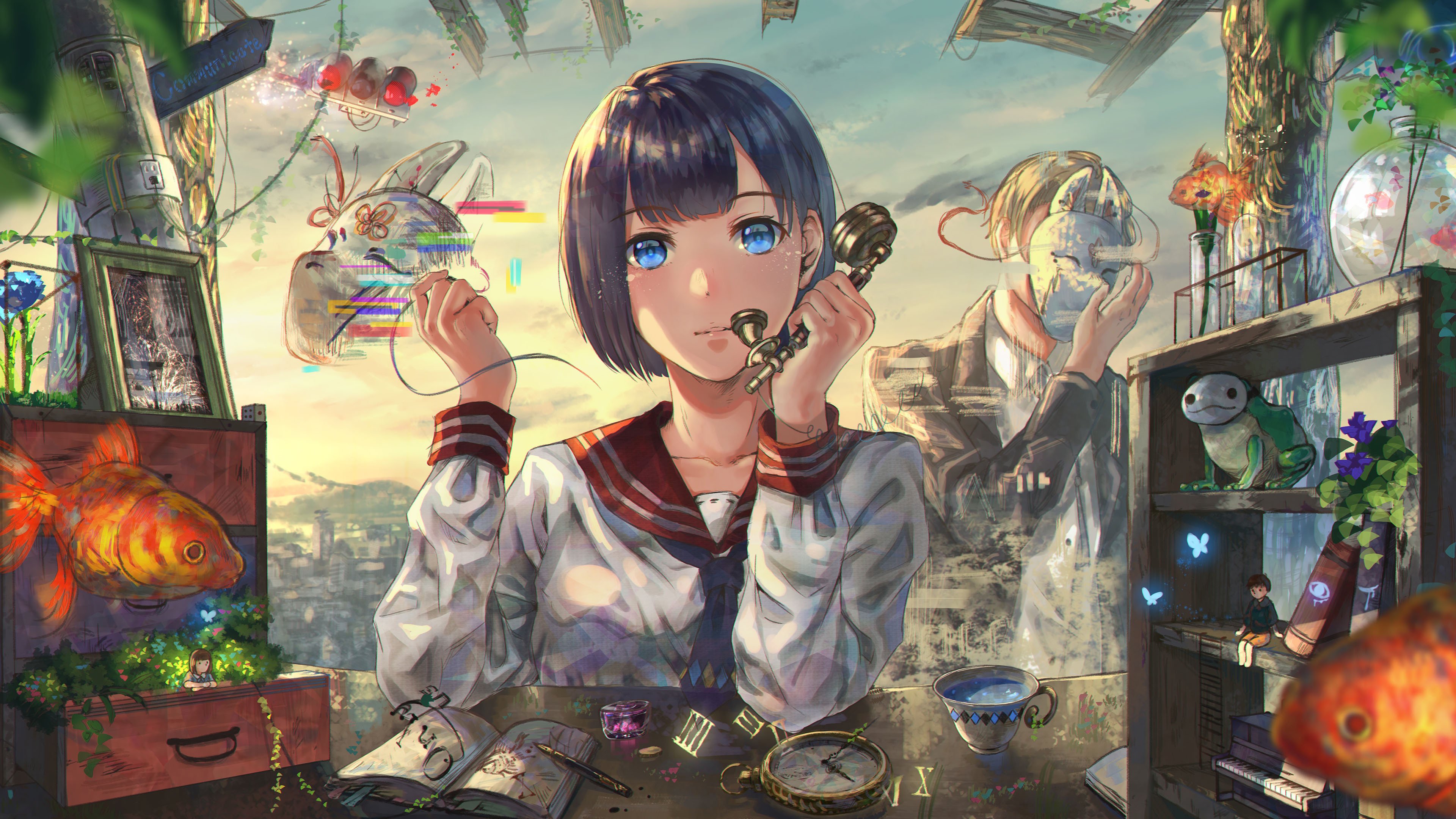 打电话 童话世界 短发女孩 金鱼