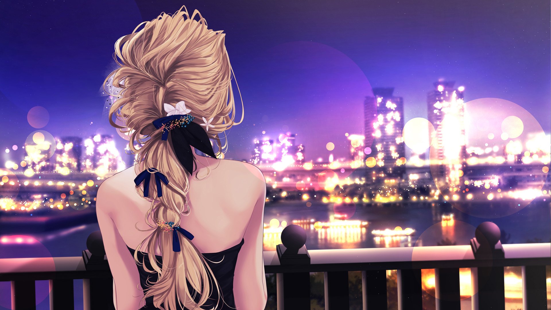 城市夜景  女孩 后背  动漫