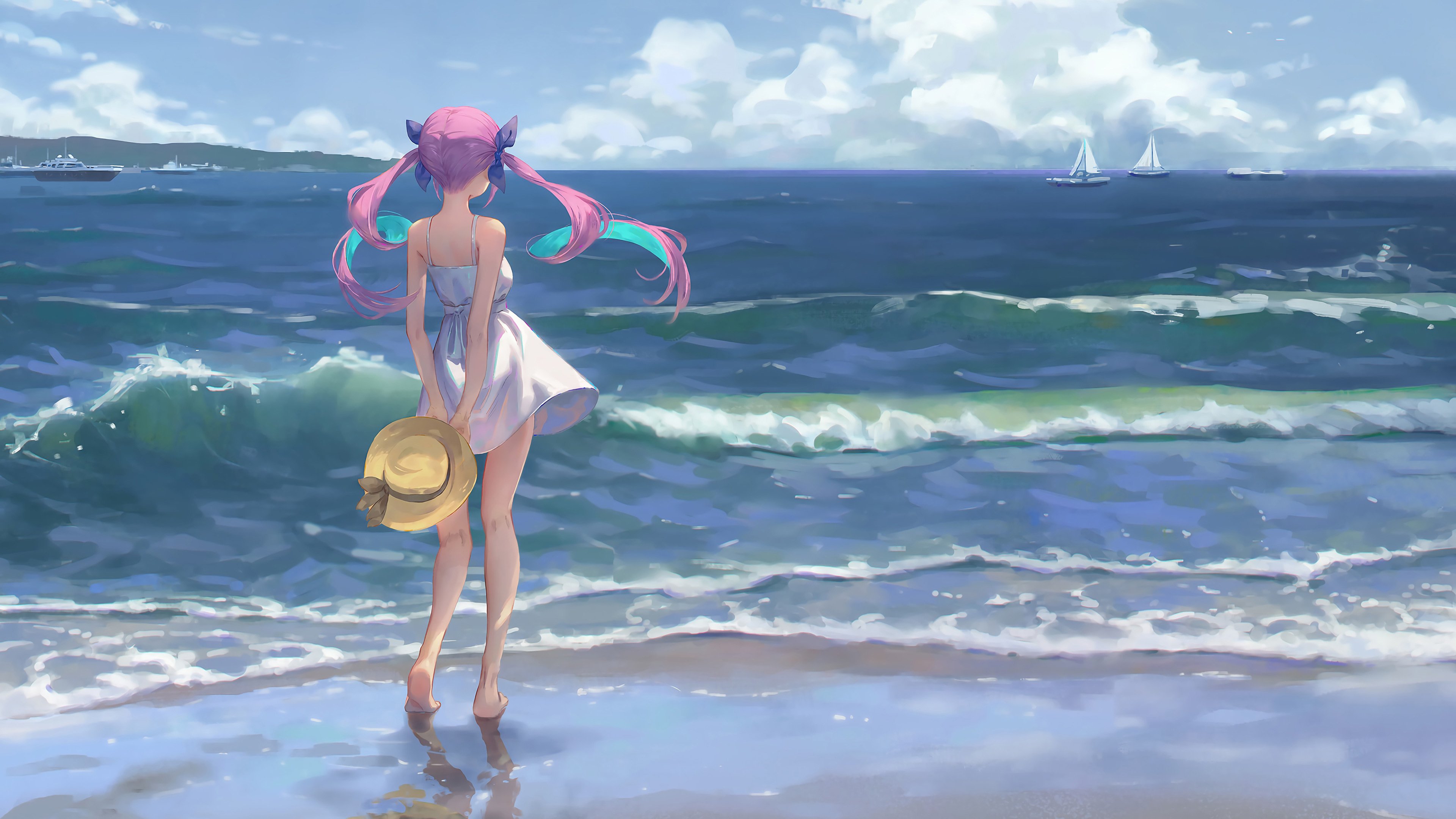 湊阿库娅 后背 白色连衣裙 海边