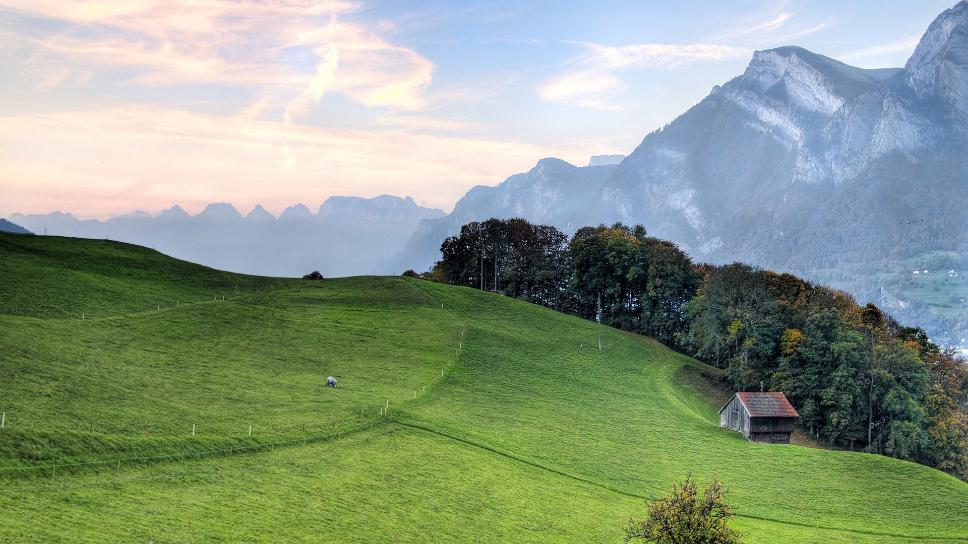 自然风光 阿尔卑斯 草地 小屋 雪山