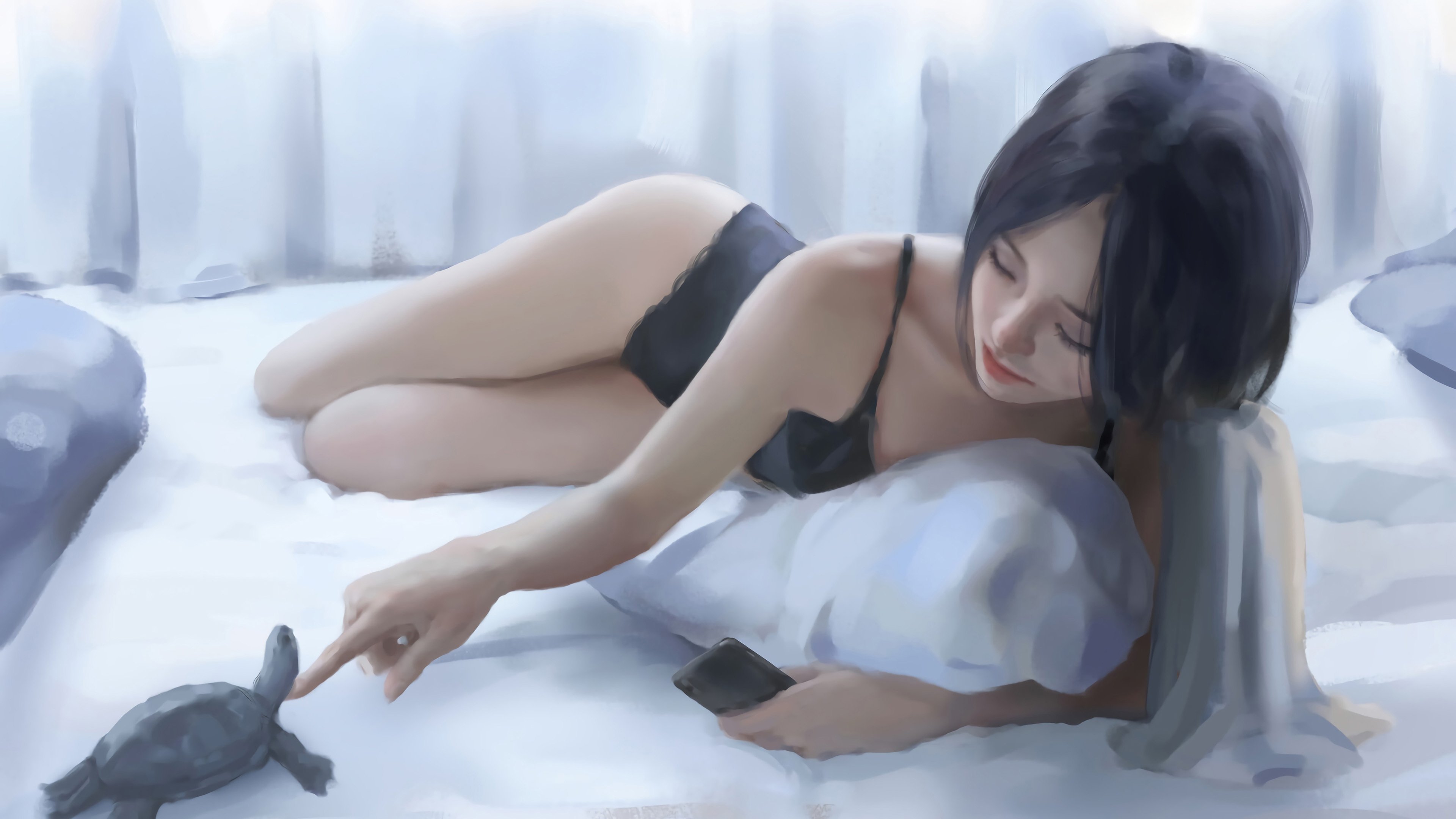 女孩 黑色睡衣 小乌龟 唯美插画