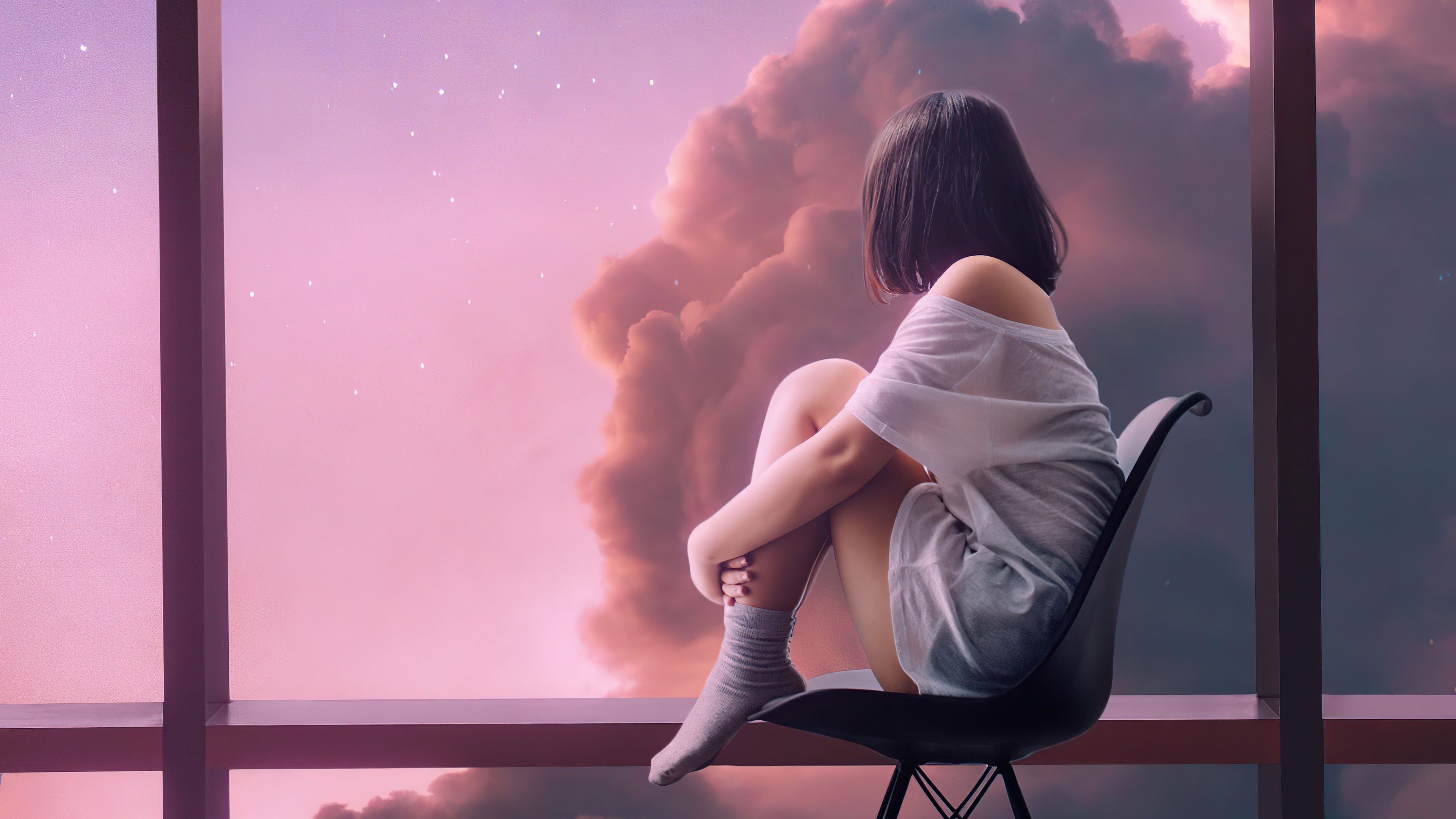 落地窗 晚霞 椅子 背影