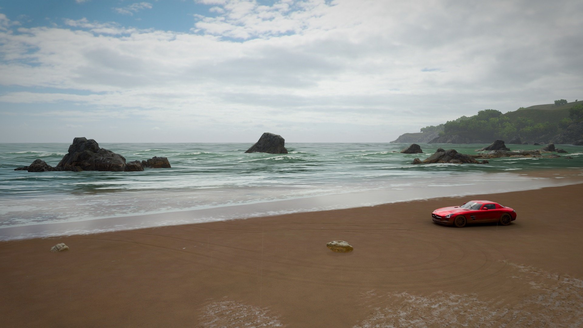 跑车 海滩 海岸 海浪 红色跑车