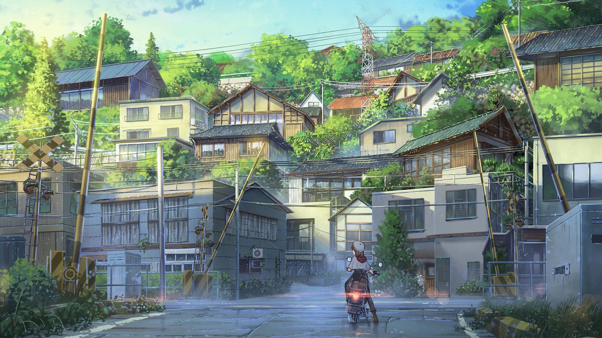 小镇 街道 摩托车 机车女孩 阁楼