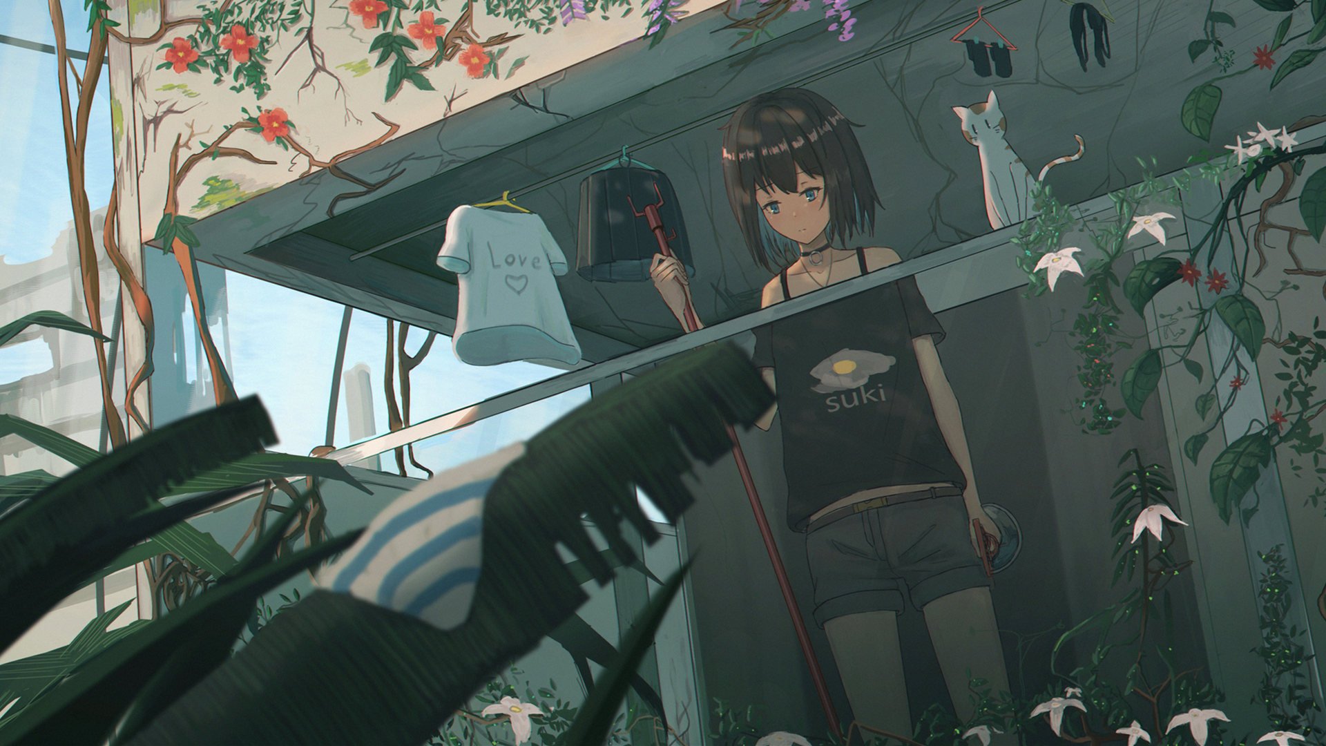 卡通人物 二次元 阳台 猫咪 晾衣服