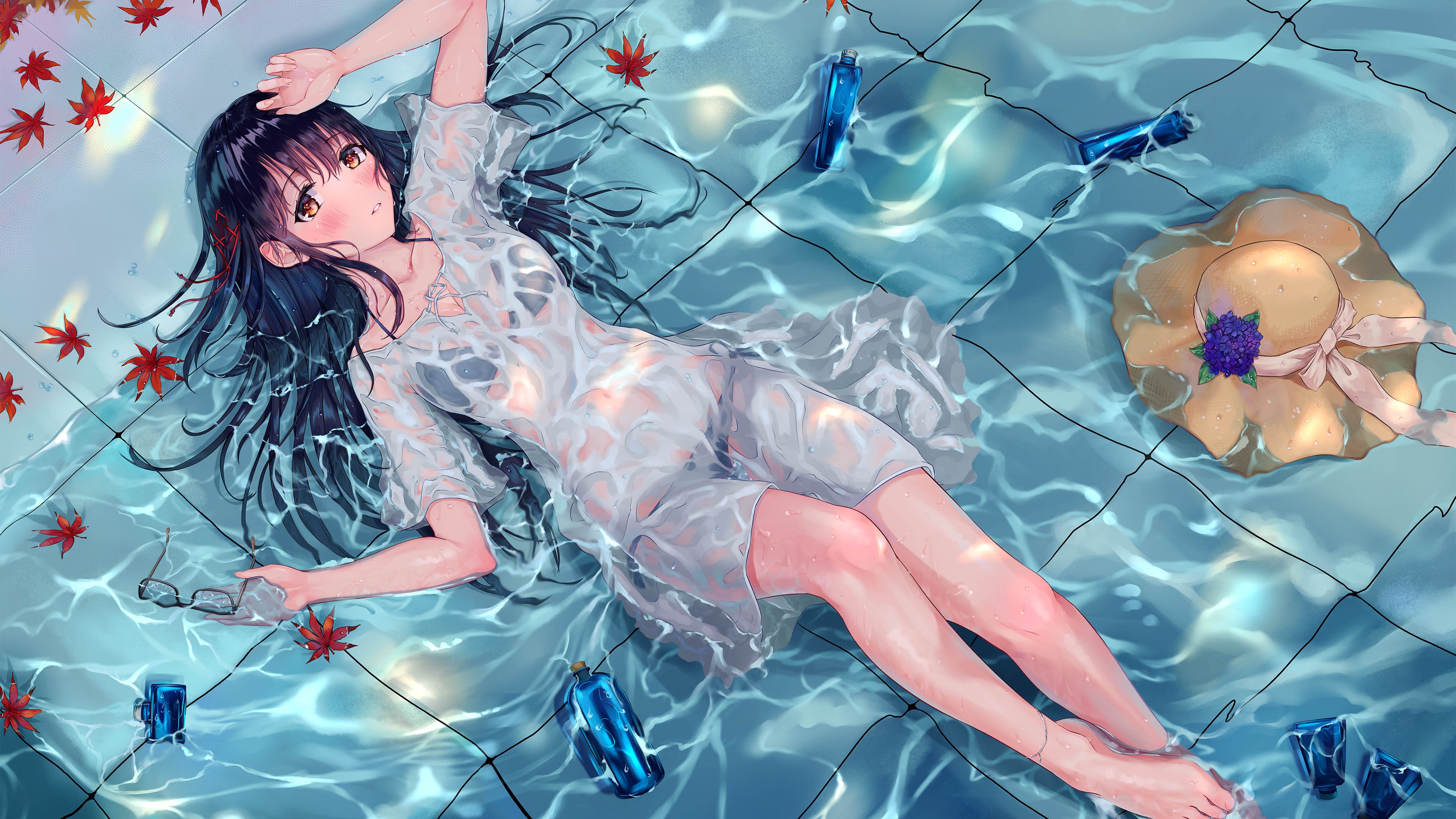 夏天 美少女 女孩 平躺 裙子湿透 赤脚