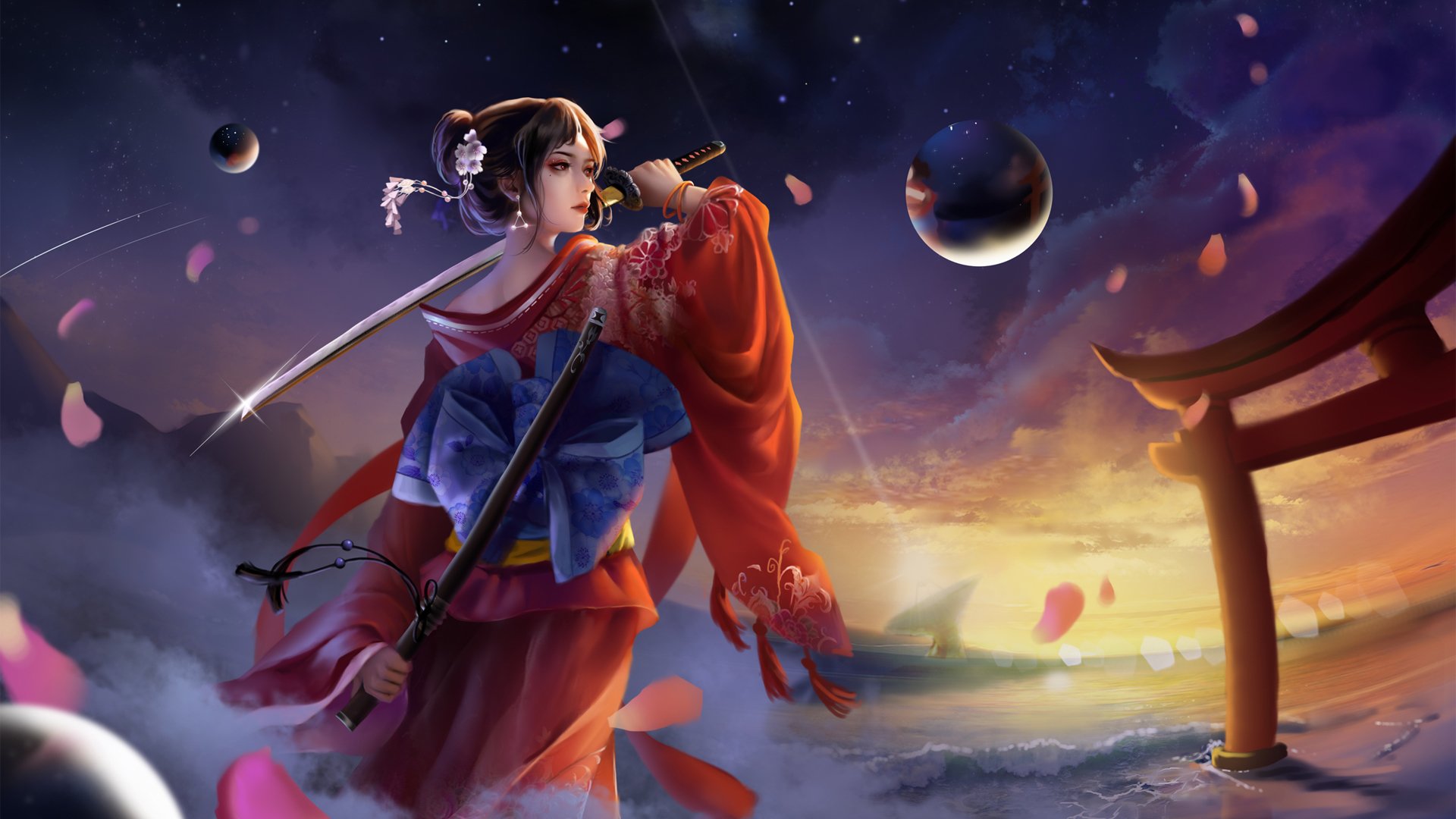 动漫 三体智子 红色和服 武士刀