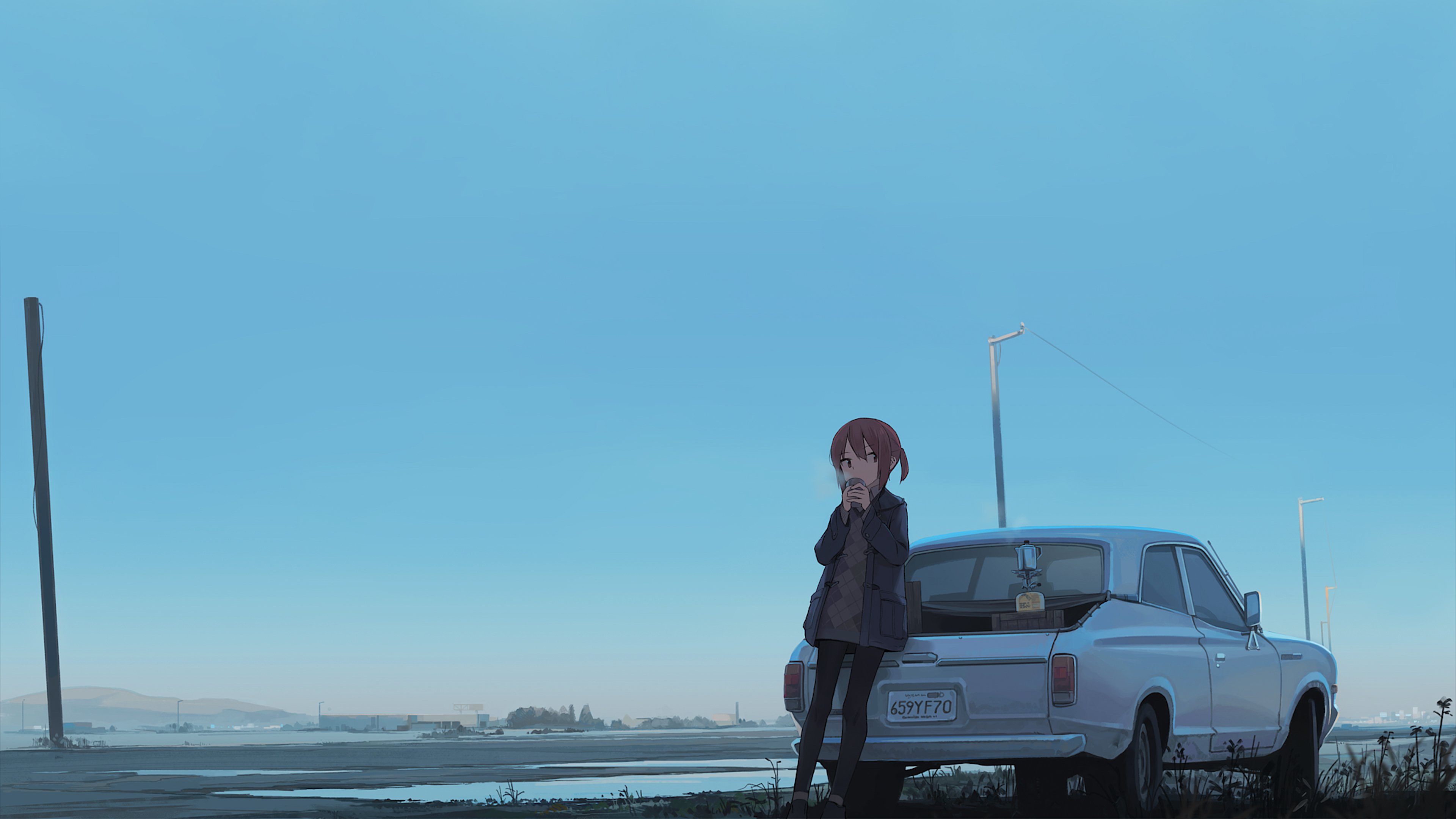 卡通人物 二次元 汽车 等待 天空