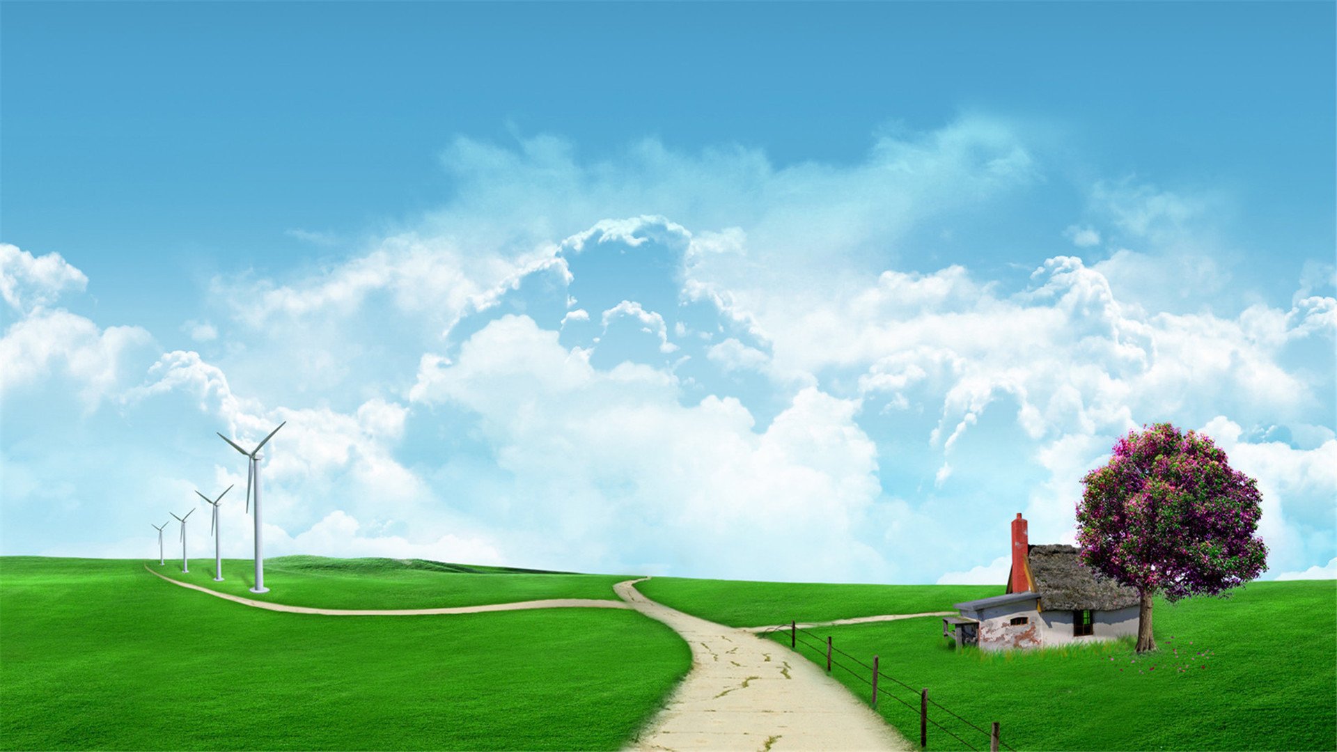 蓝天白云 草原 风车 小屋