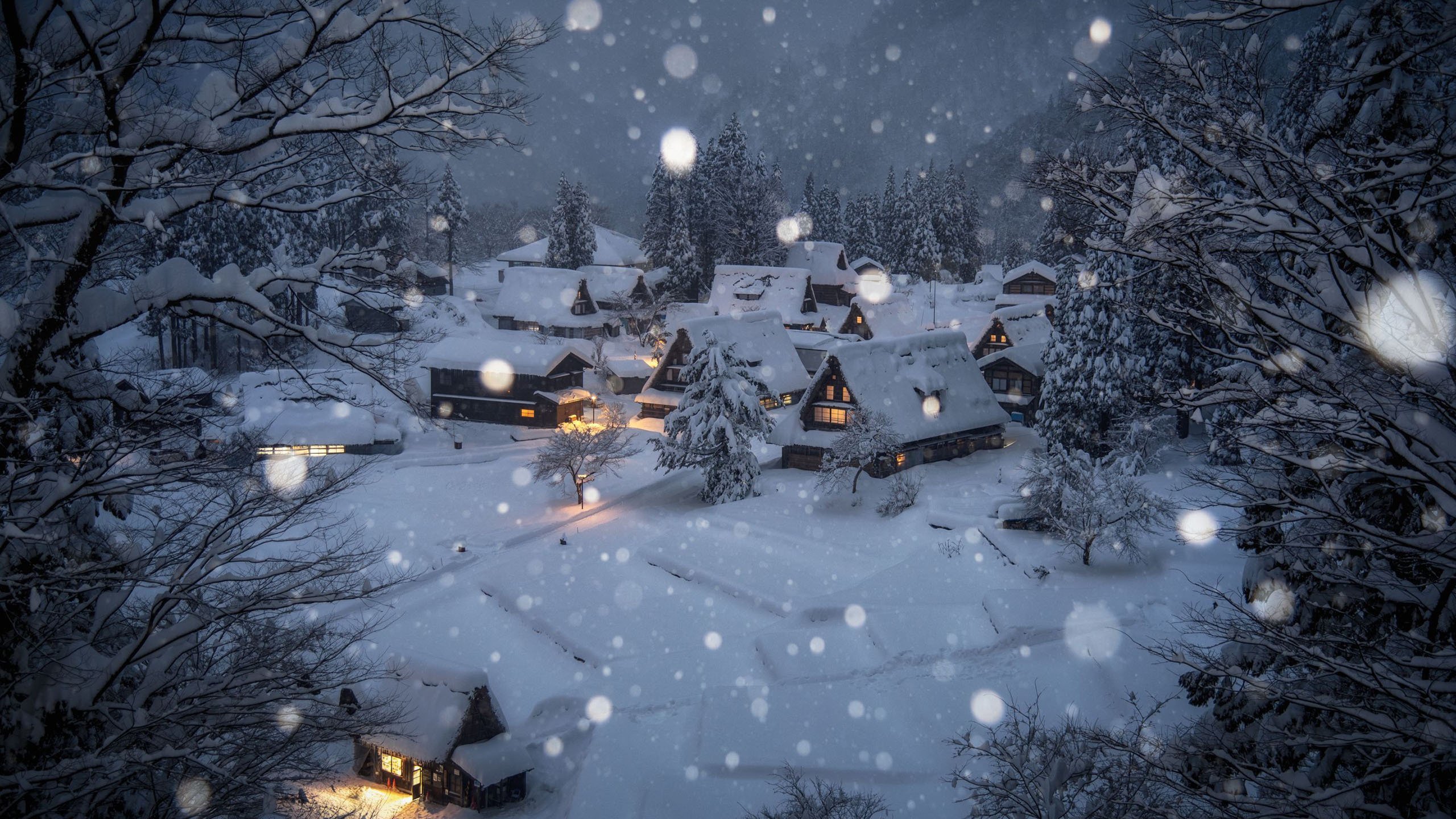 冰天雪地 小镇 深夜 银装素裹