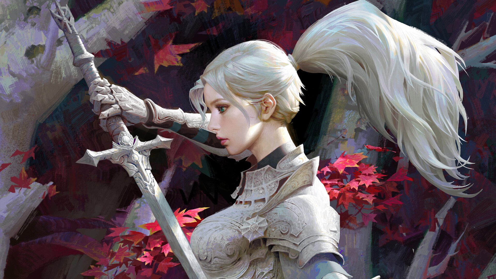 枫叶 剑 长发 女武士 盔甲