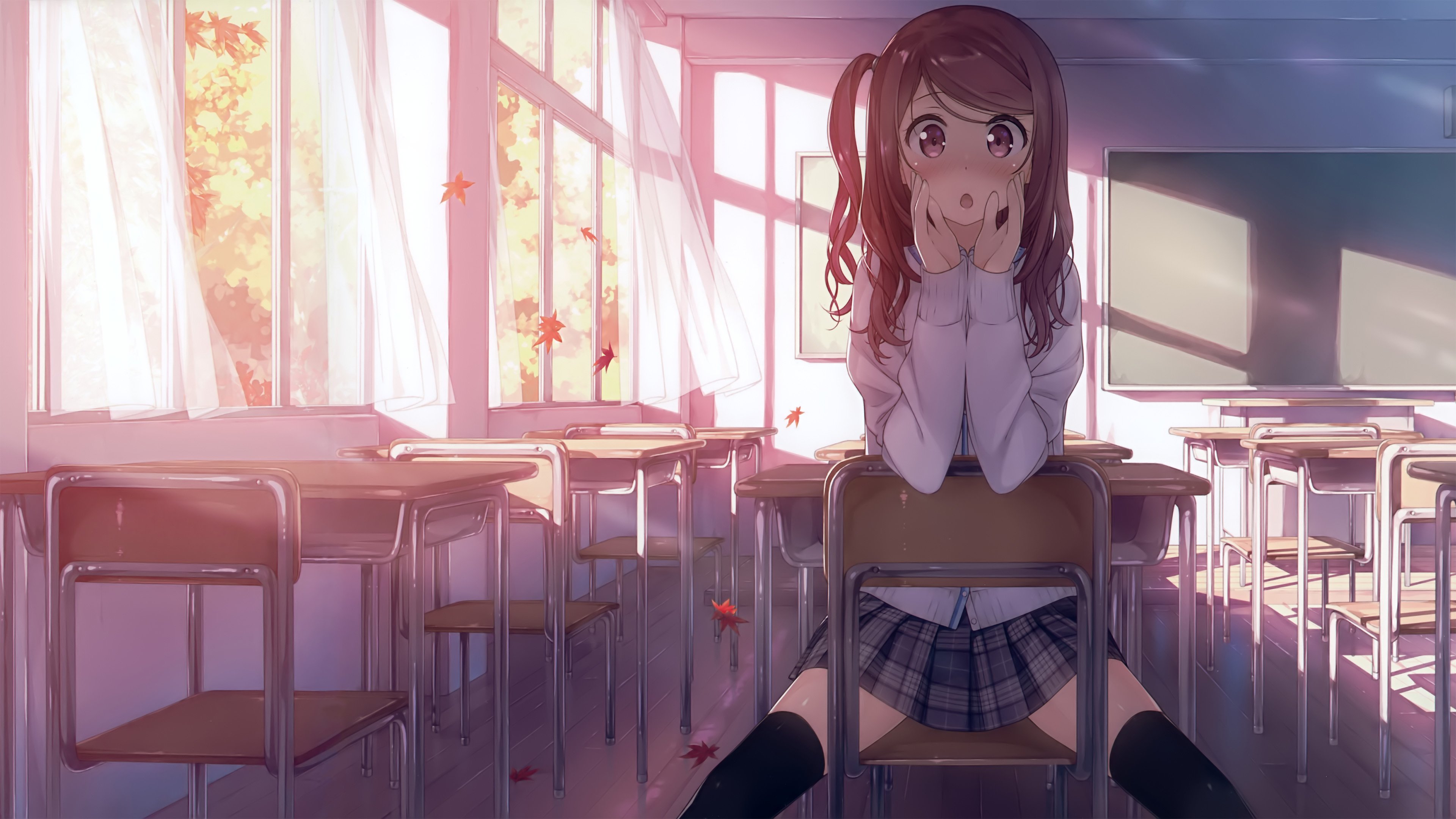 教室 惊讶 阳光 枫叶 大眼睛