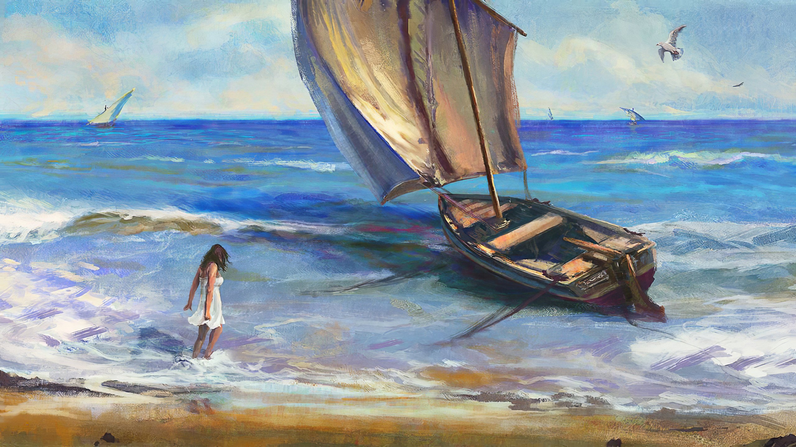 帆船 海鸥 海浪