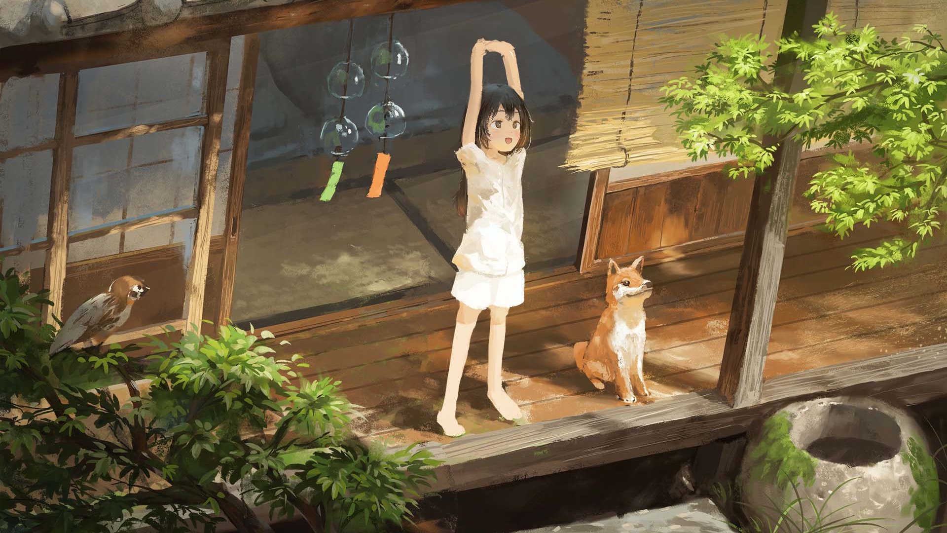 庭院 风铃 小黄 伸懒腰