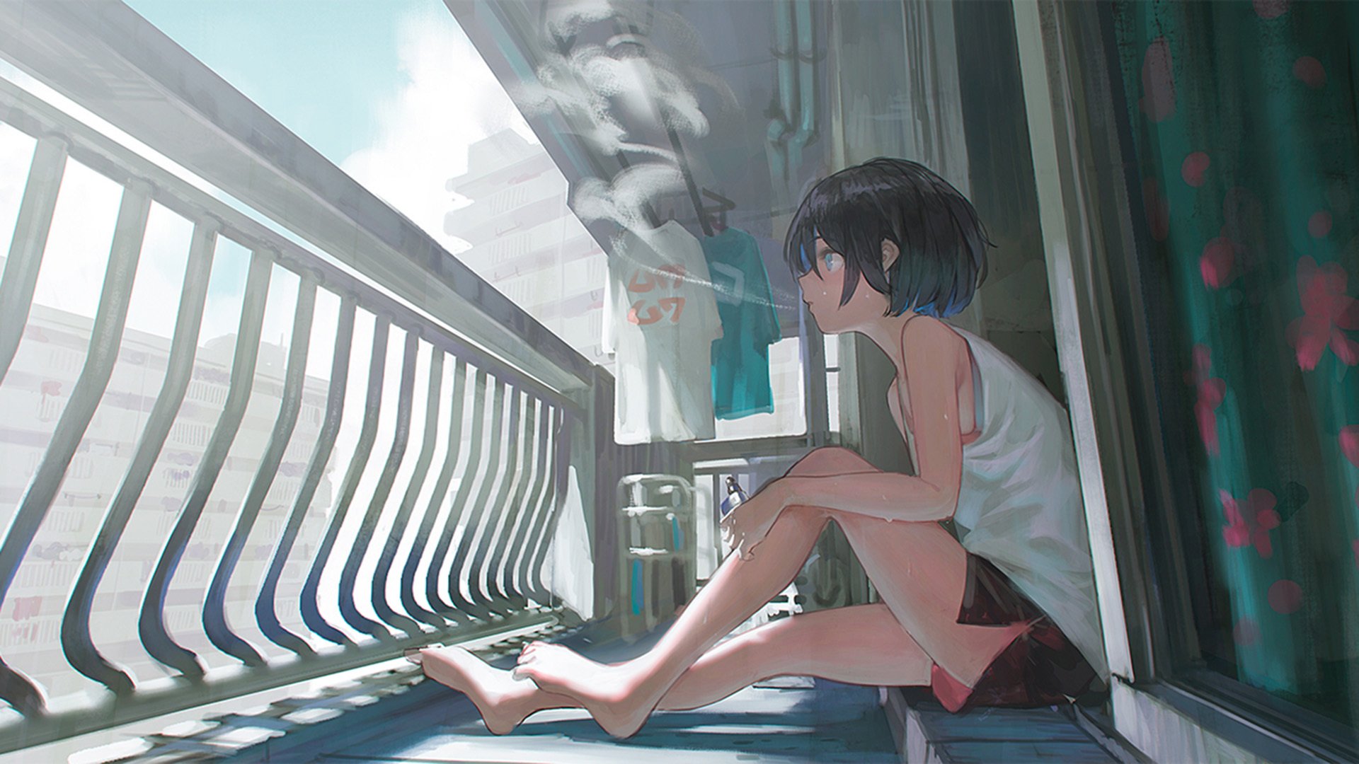 阳台 女孩 烟 夏天 无聊的下午