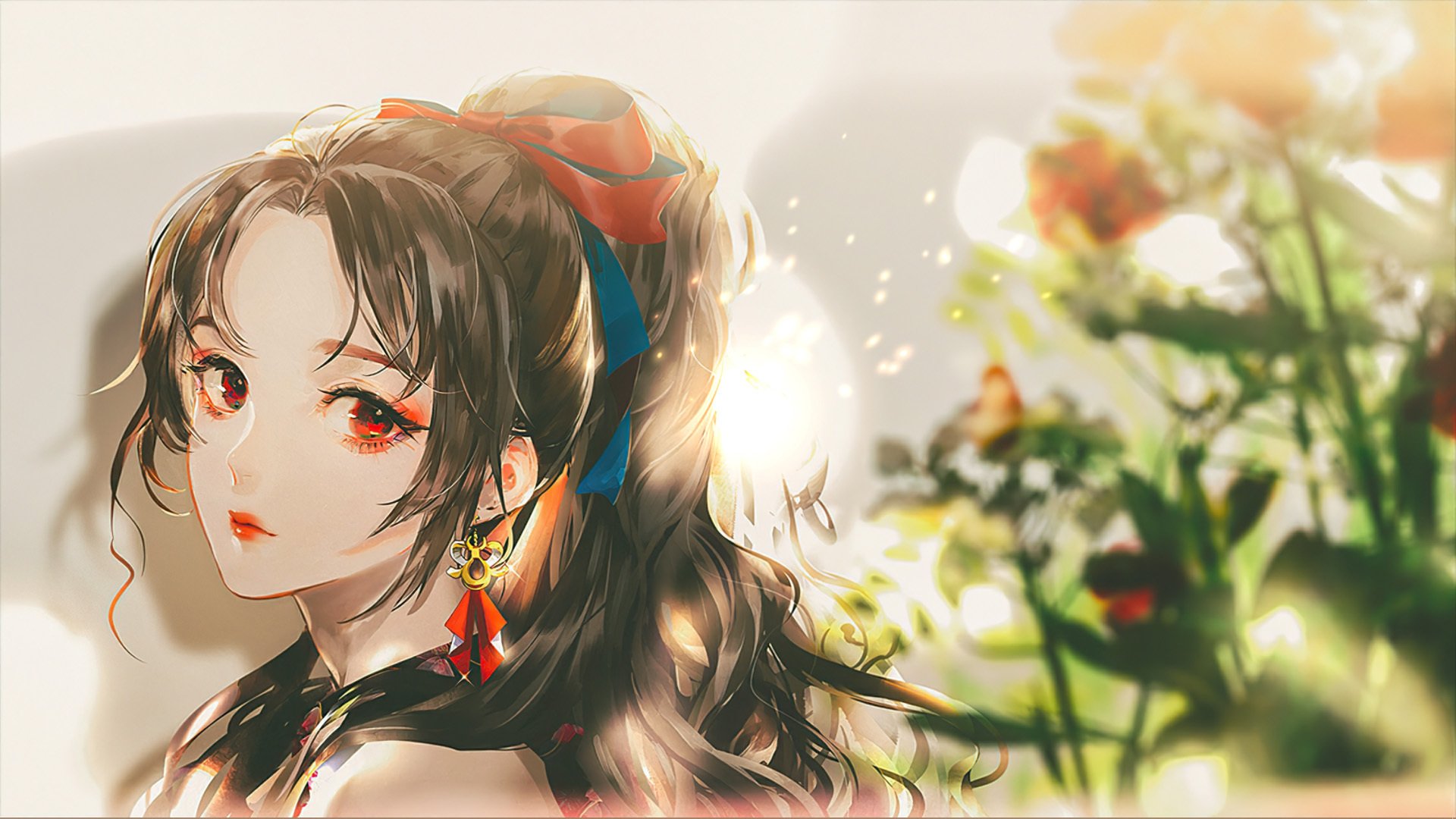 卡通人物 鲜花 女孩 长发 眼影 口红 耳环