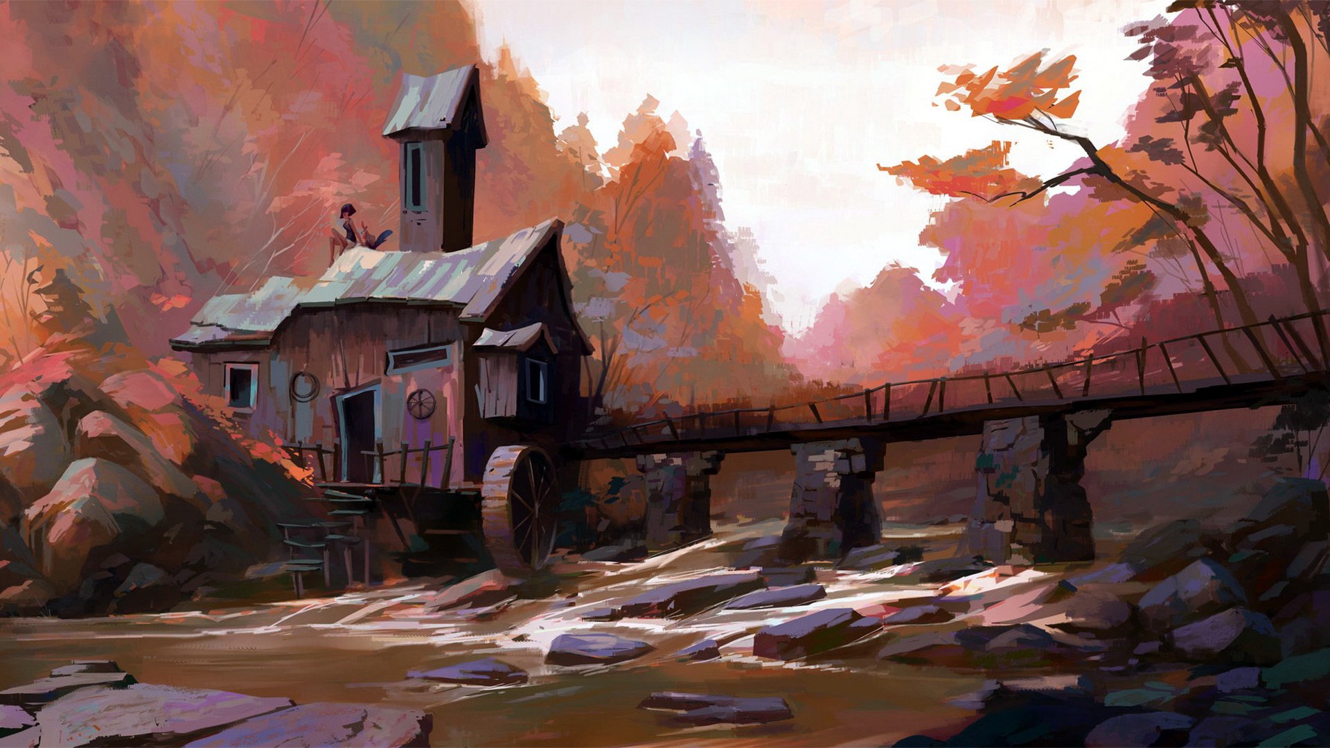 深秋的峡谷 小溪 屋顶