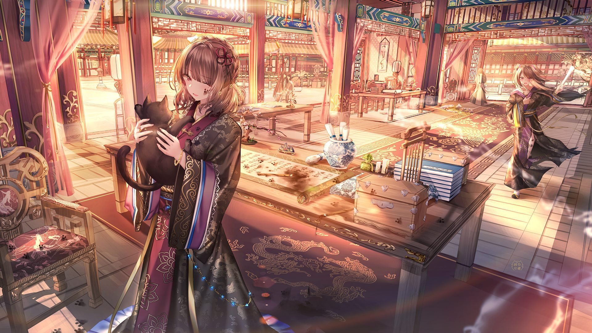 庭院 书桌 黑猫 阳光 椅子