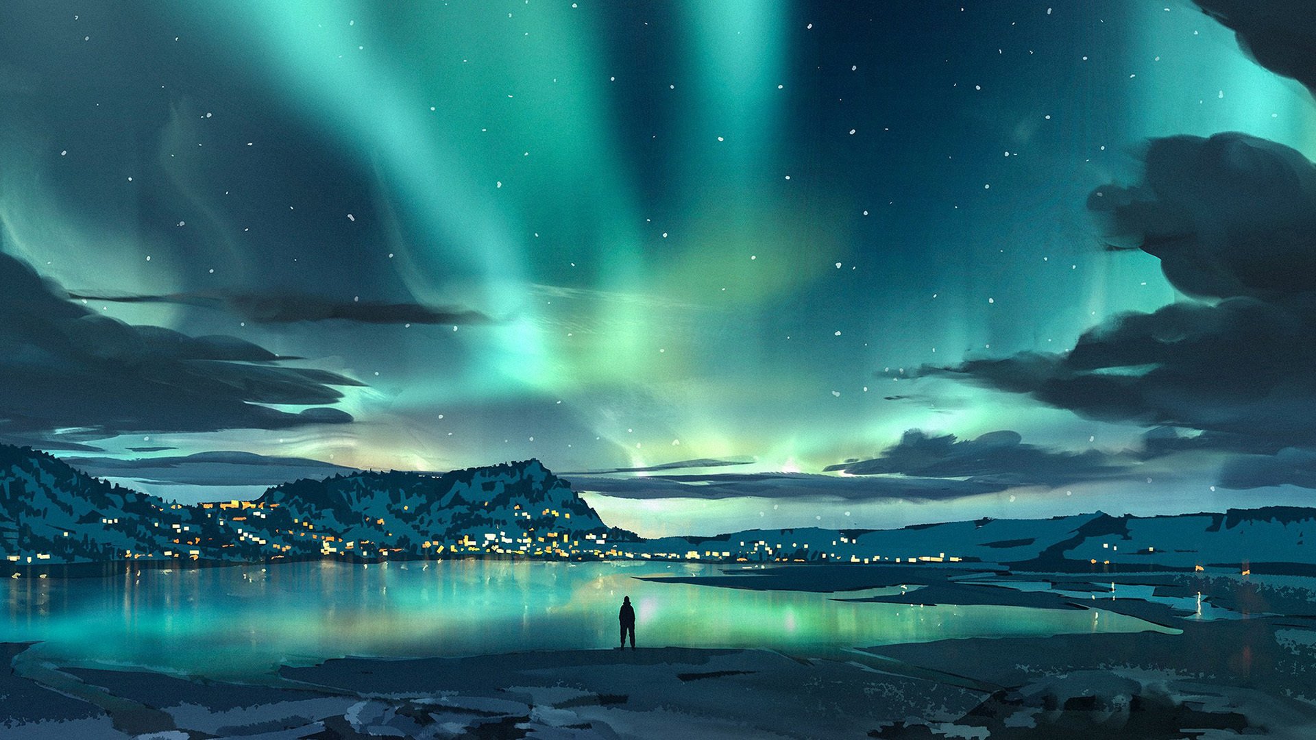 极光 奇幻 湖水 灯光 夜景