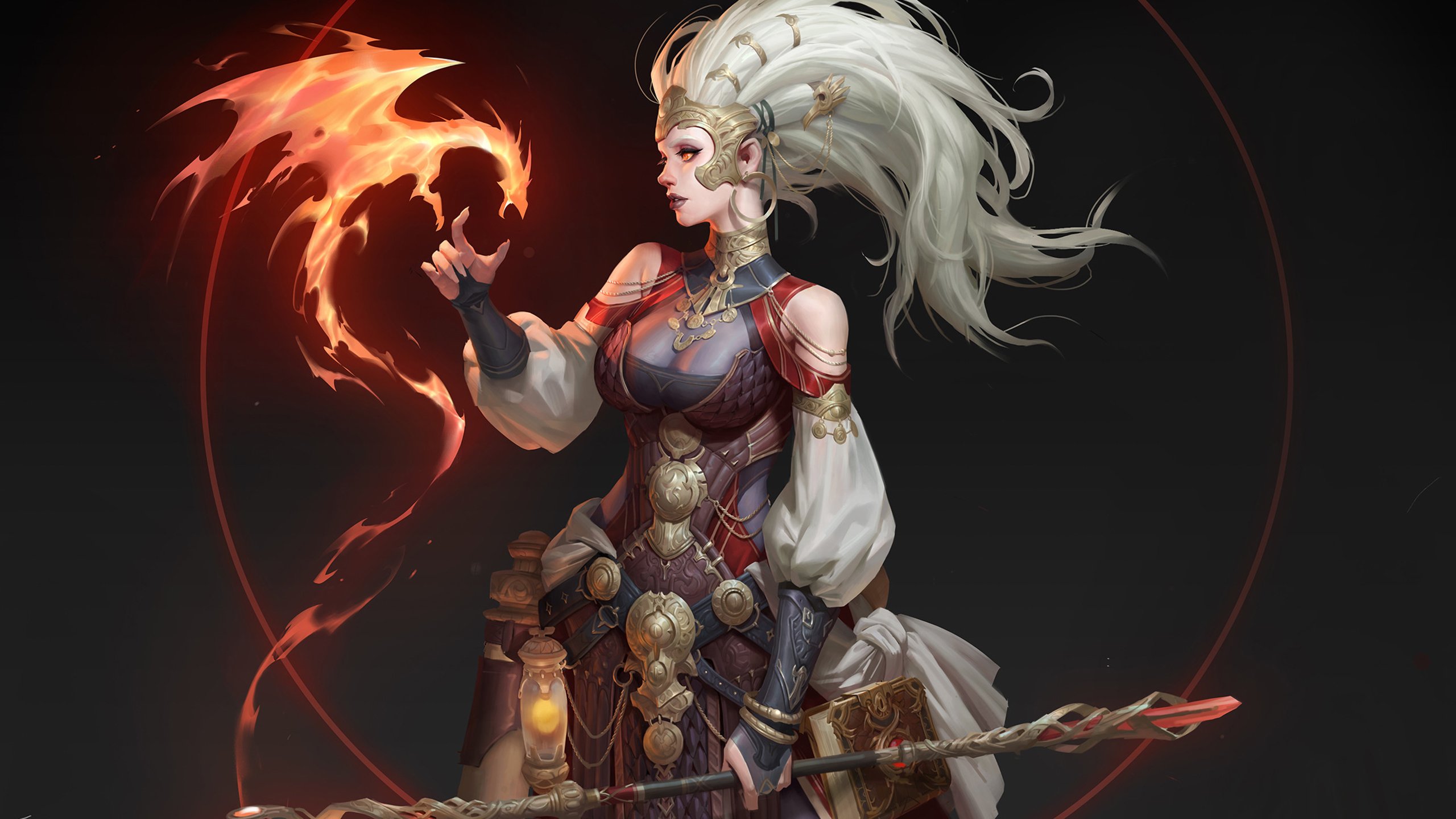 火焰魔法 女法师 法杖 白发巫师