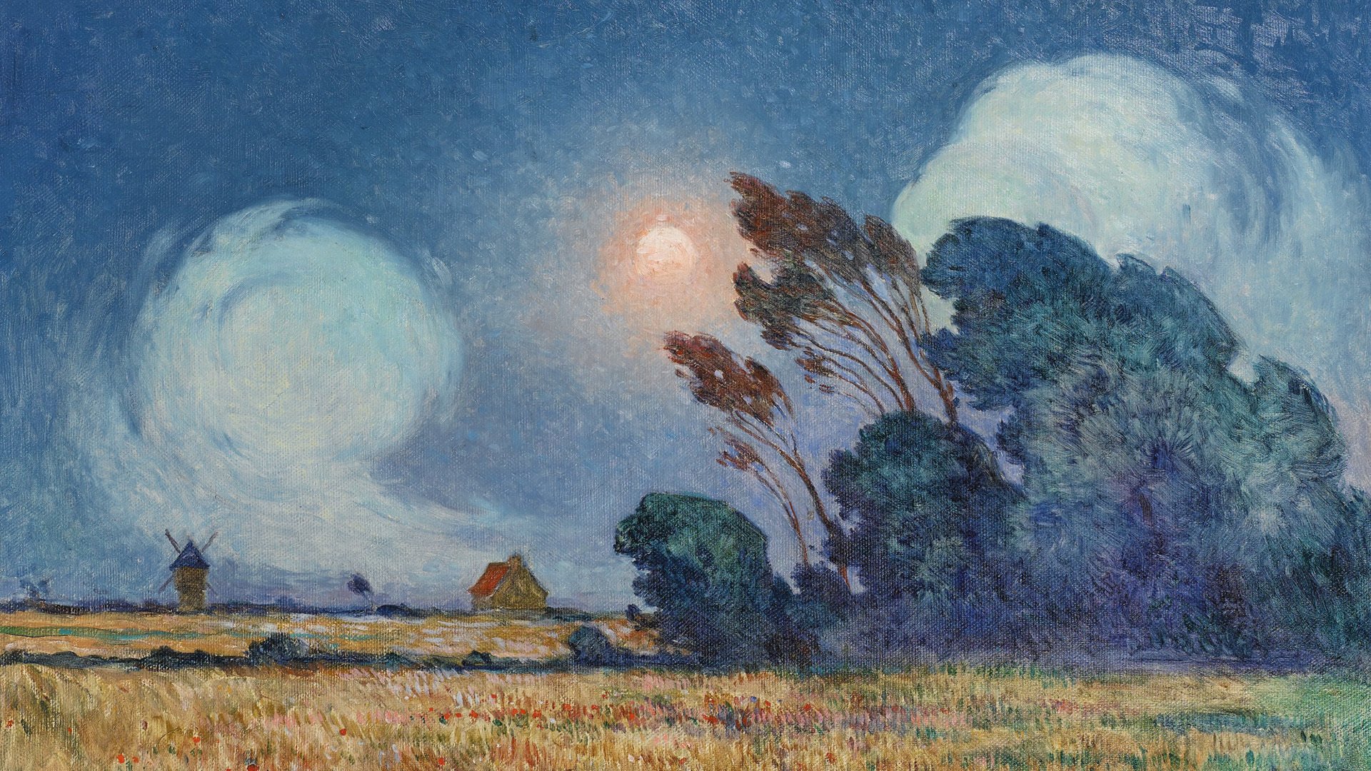 油画 田园风 风车 平原