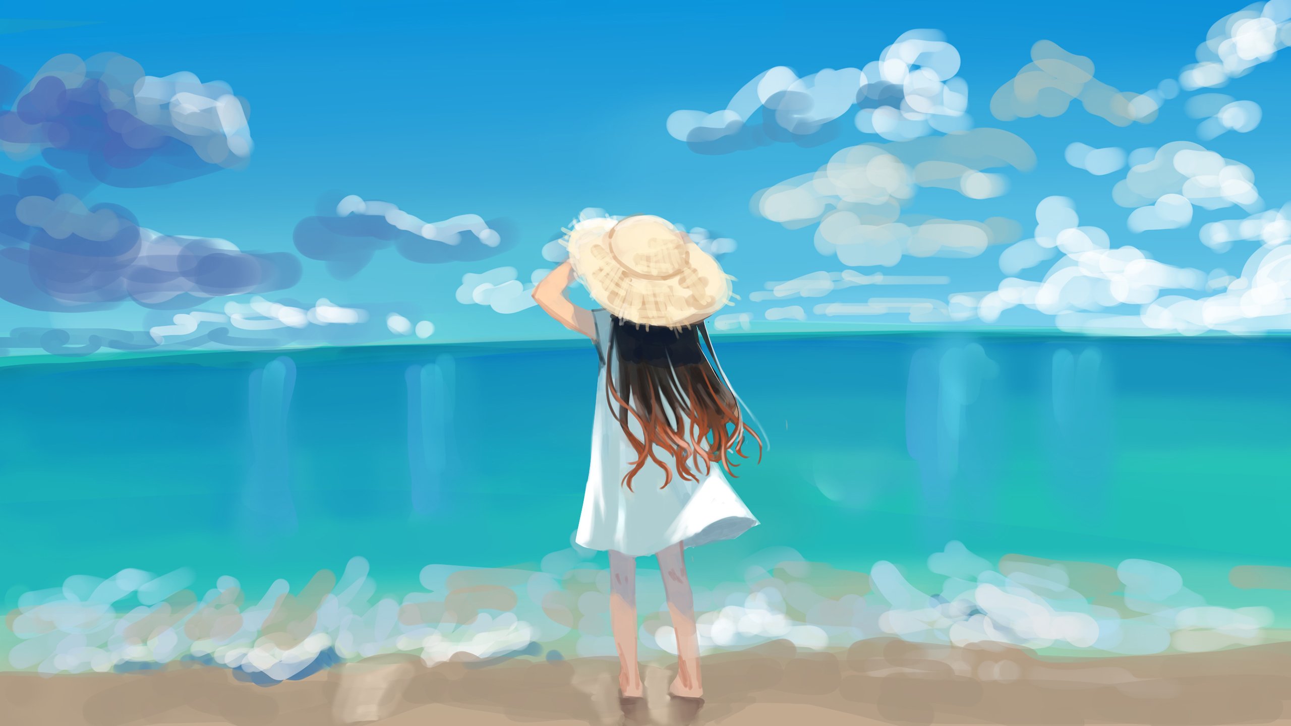 夏天沙滩 草帽 海浪 云朵