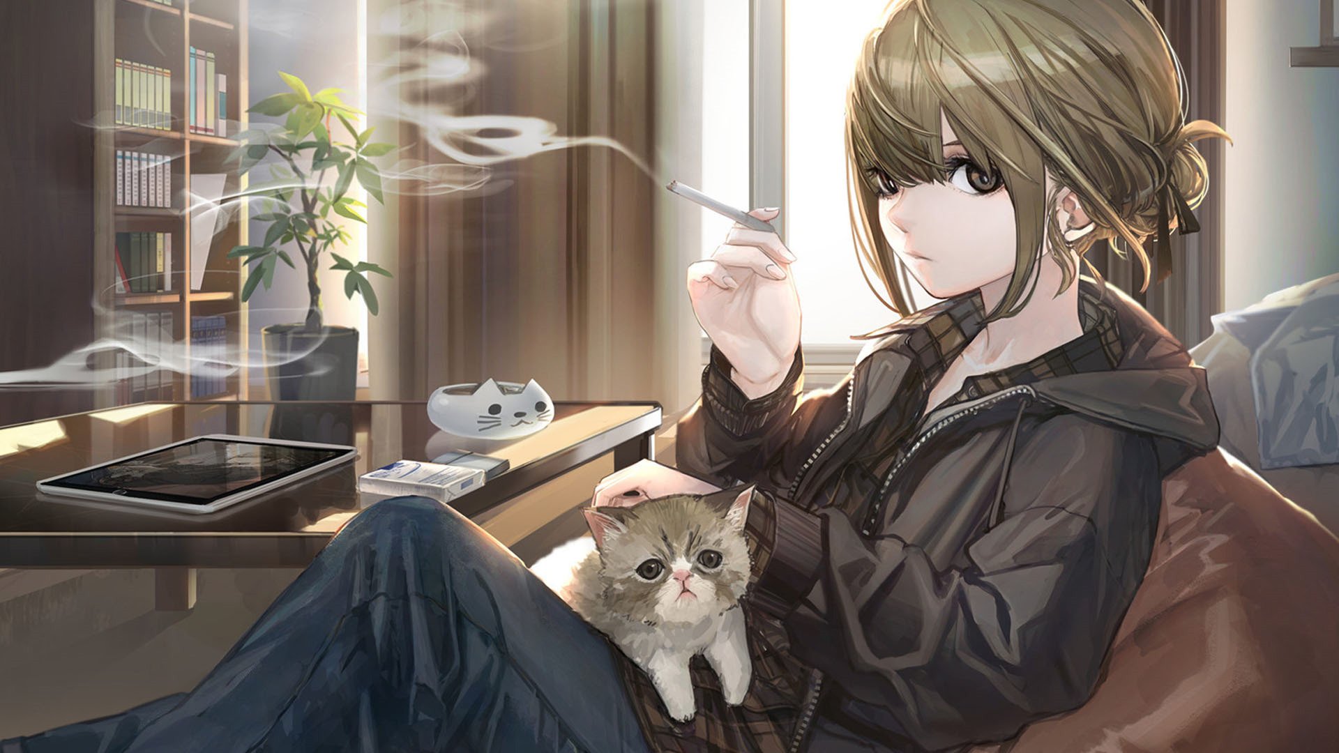 卡通人物 猫咪 抽烟 茶几 ipad