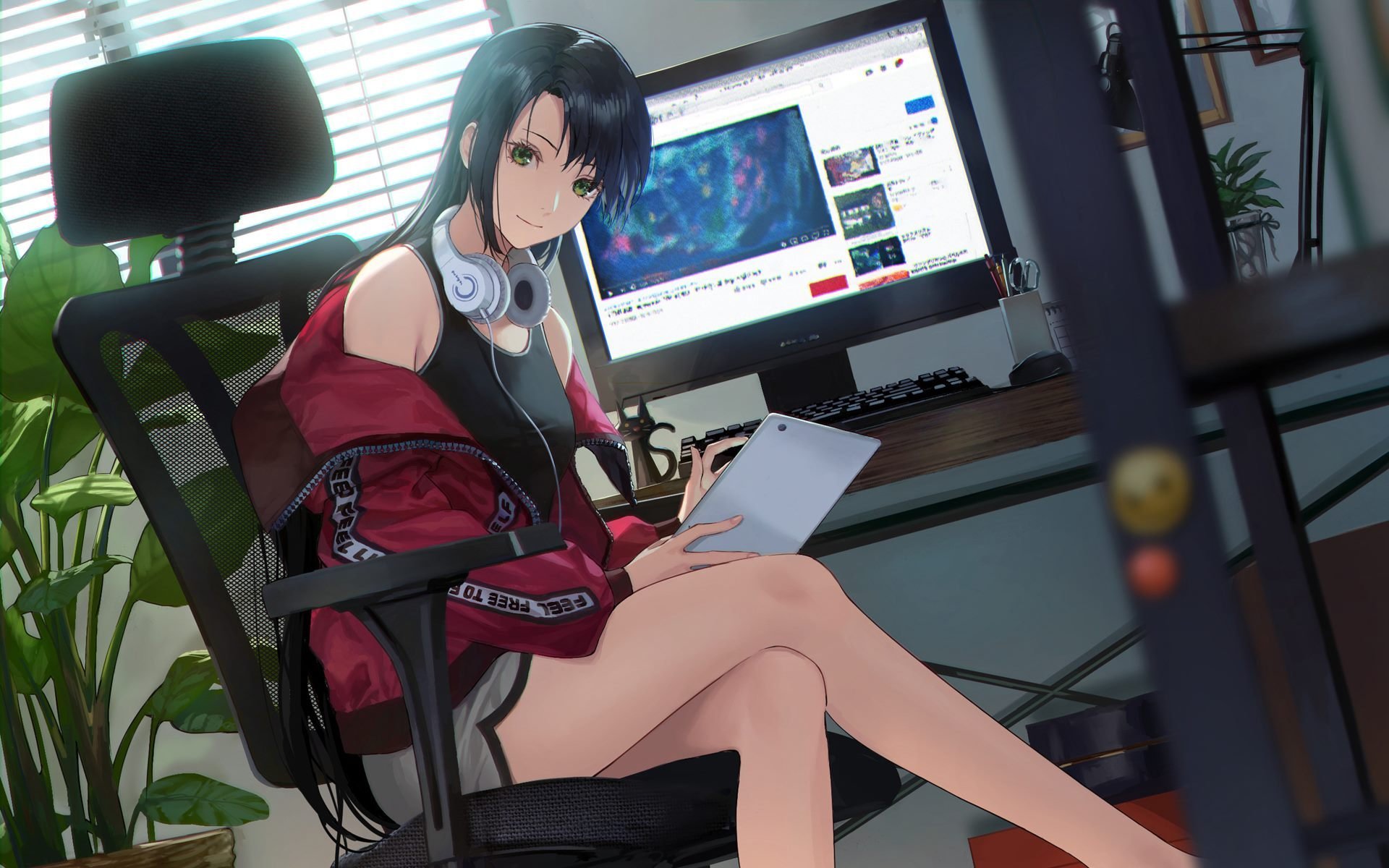 卡通人物 耳机 电脑 长腿 办公室