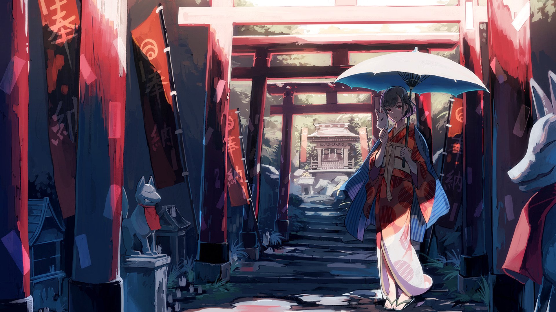 卡通人物 和服 伞 面具 神社