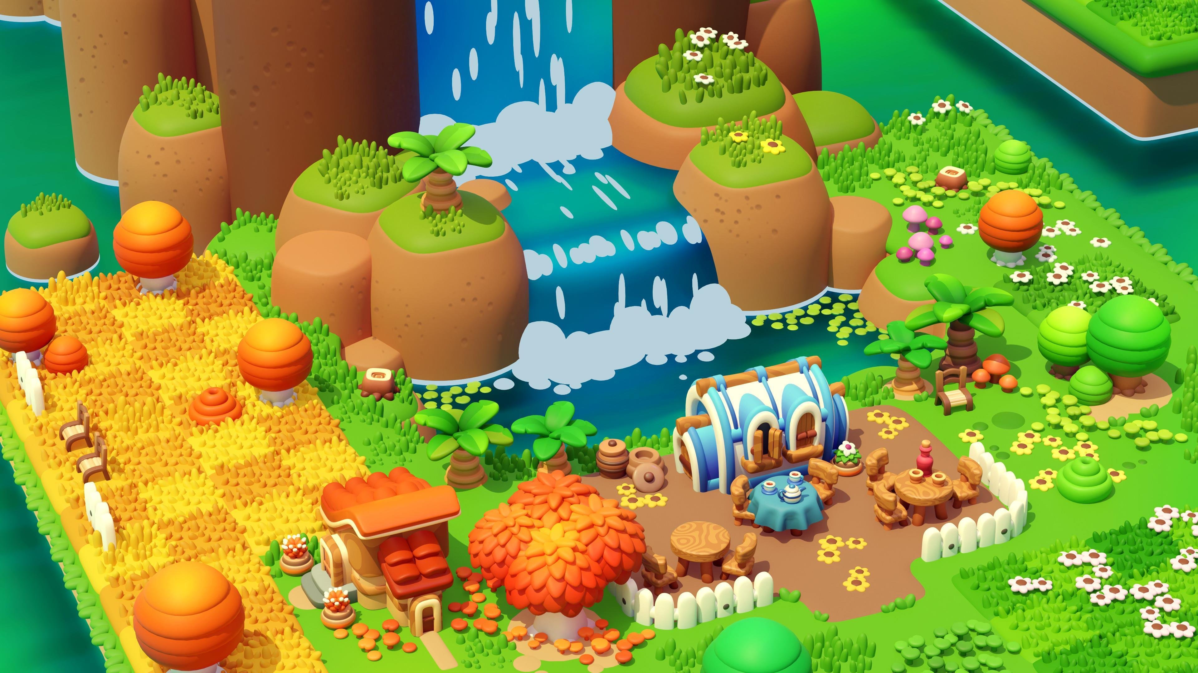 童话 瀑布 色彩 彩虹 村庄