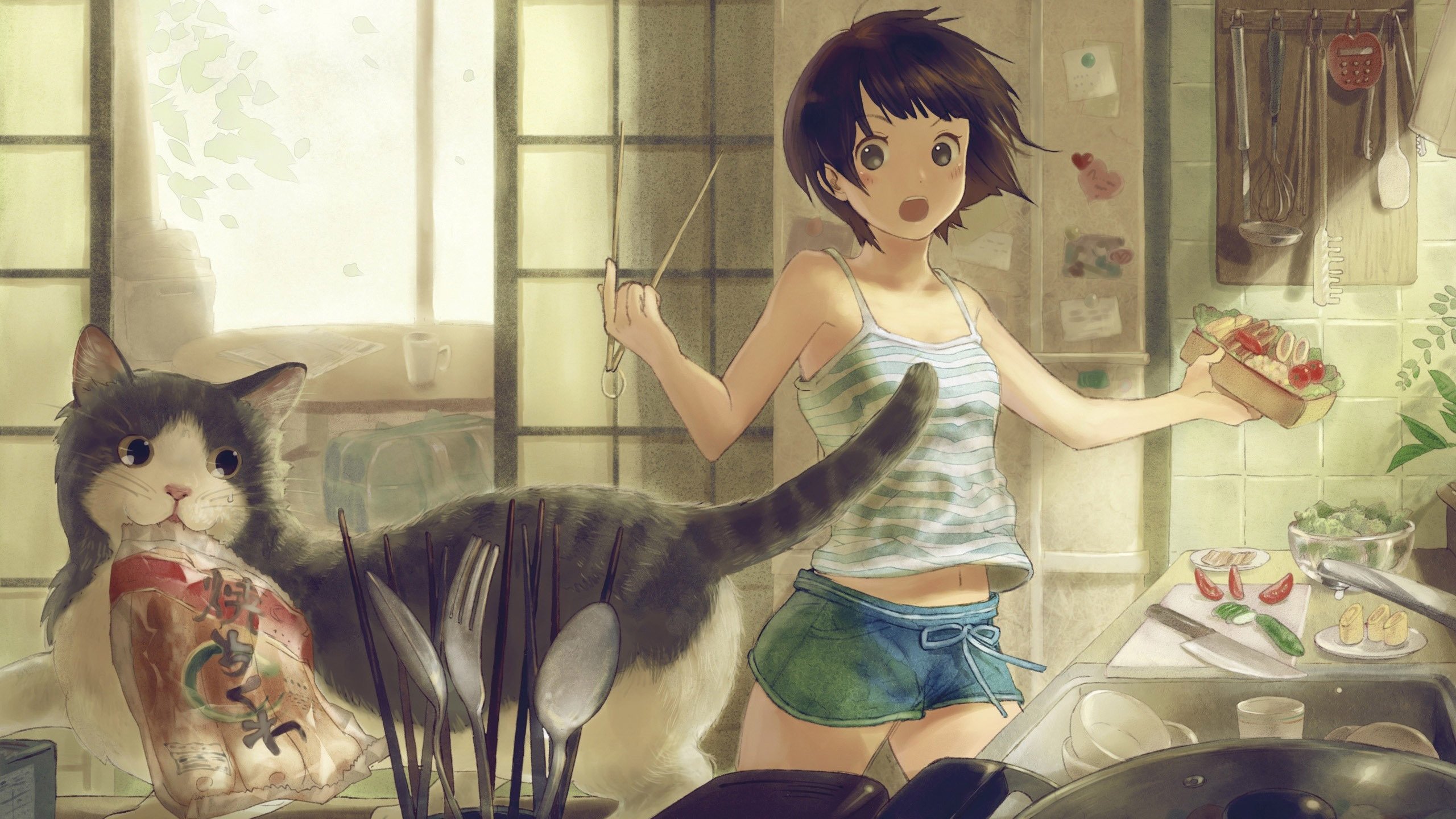 妹妹 短发 猫咪 方便面 厨房