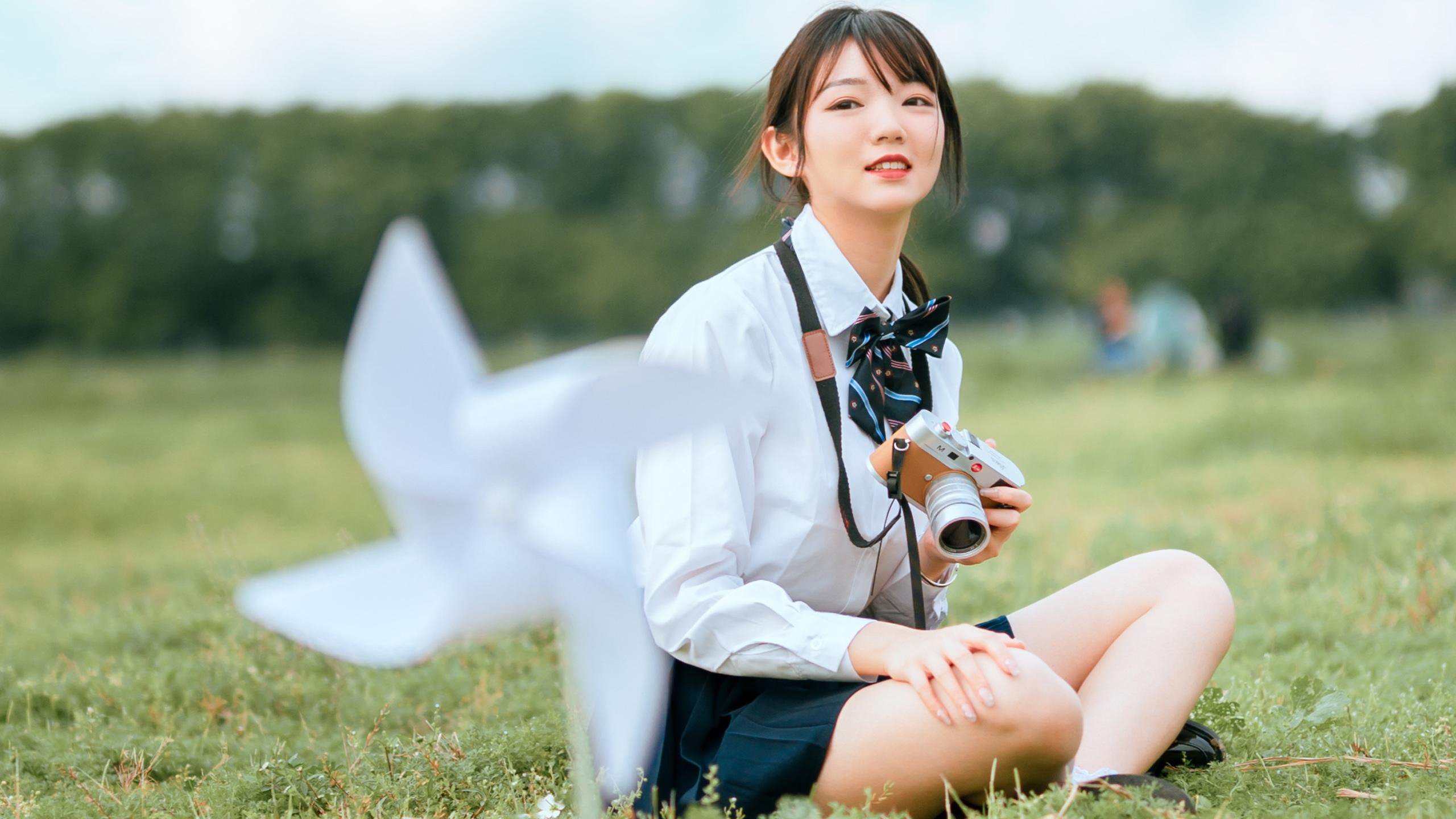 清纯 相机 风车 草坪 可爱 阳光