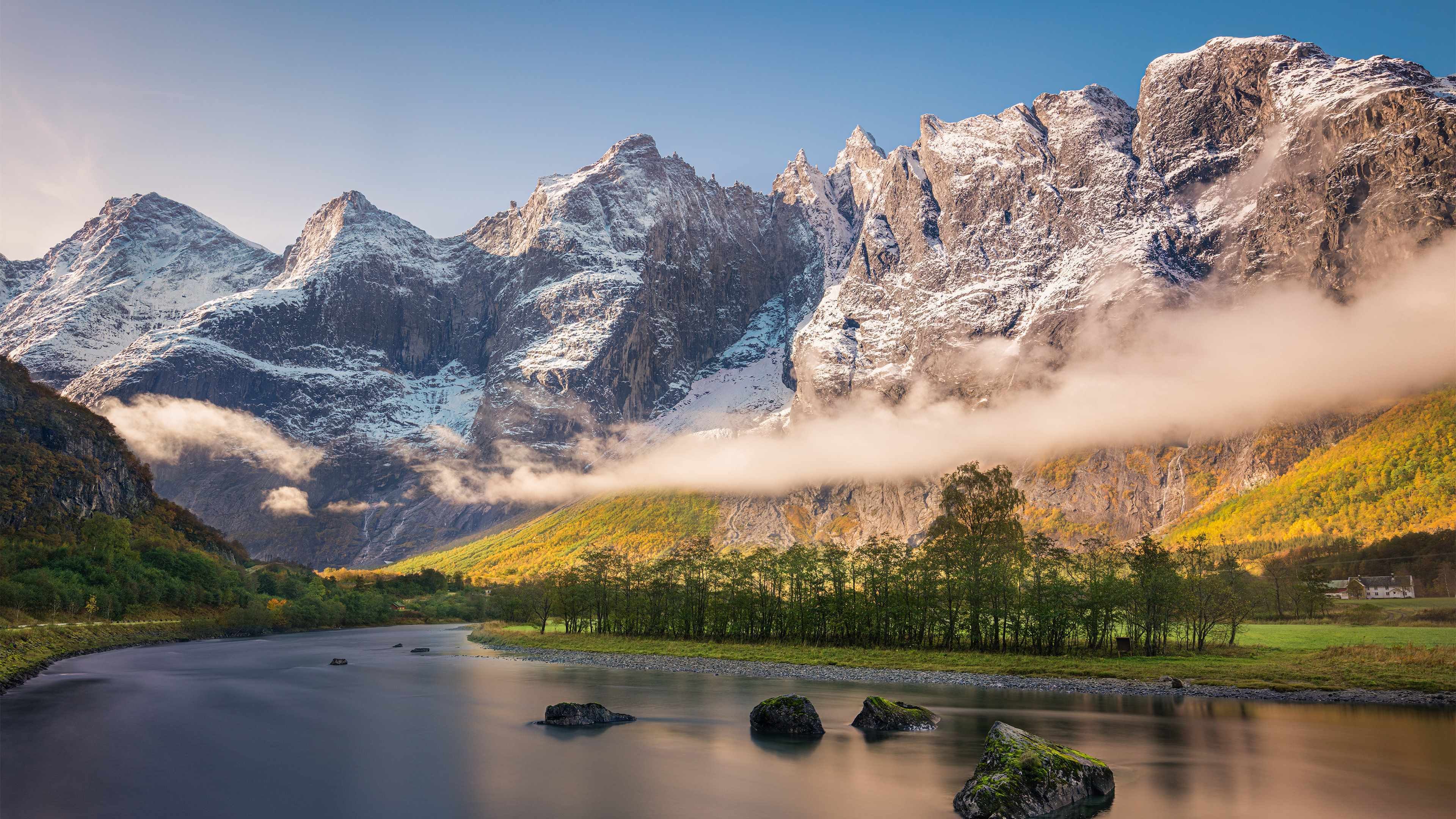 自然风光 雪山 树林 河流 雾