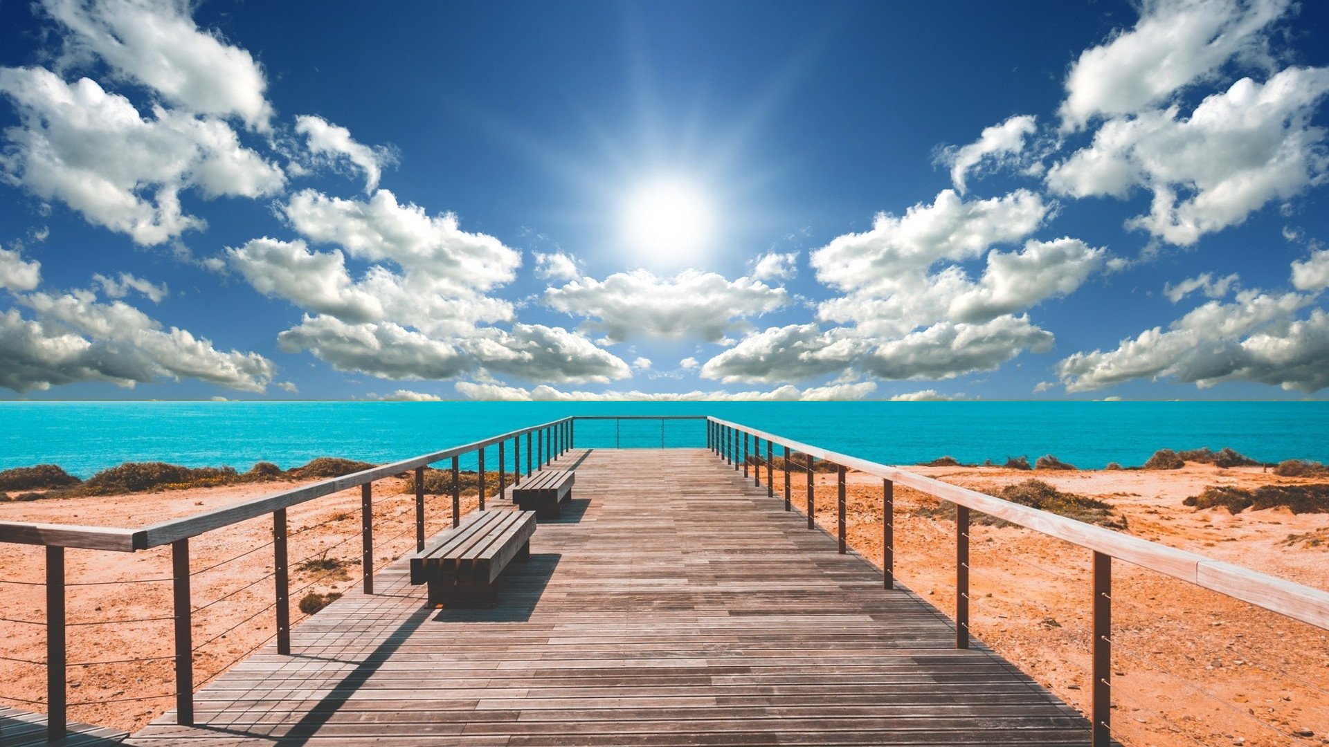 蓝天白云 蓝色天空 一望无际海洋 桥