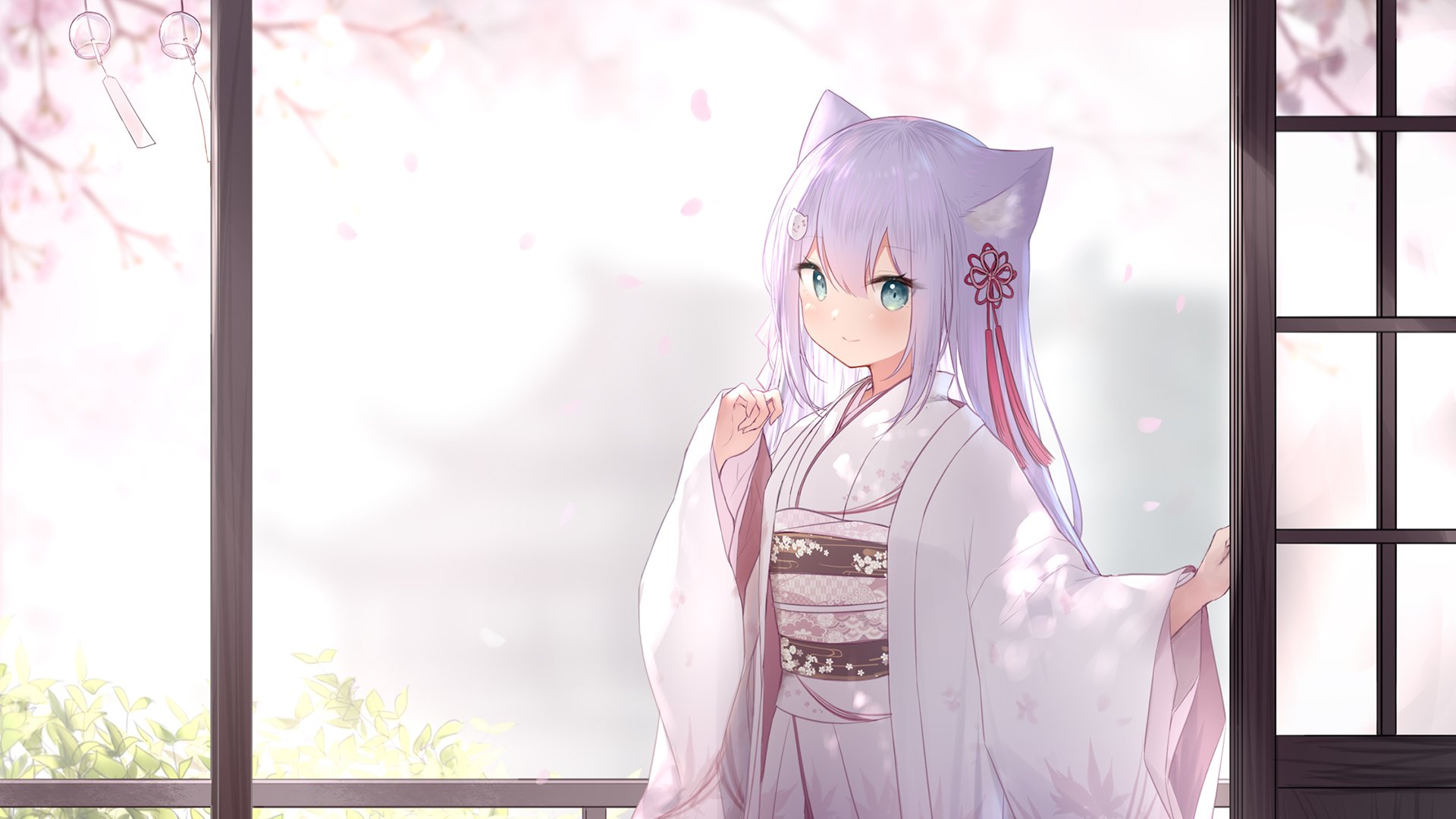 庭院 兽耳 樱花纷飞 小可爱