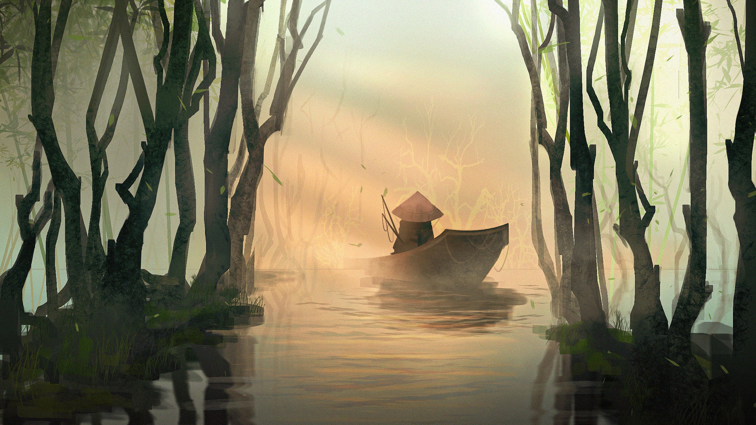 灌木林 小船 斗笠 阳光 雾