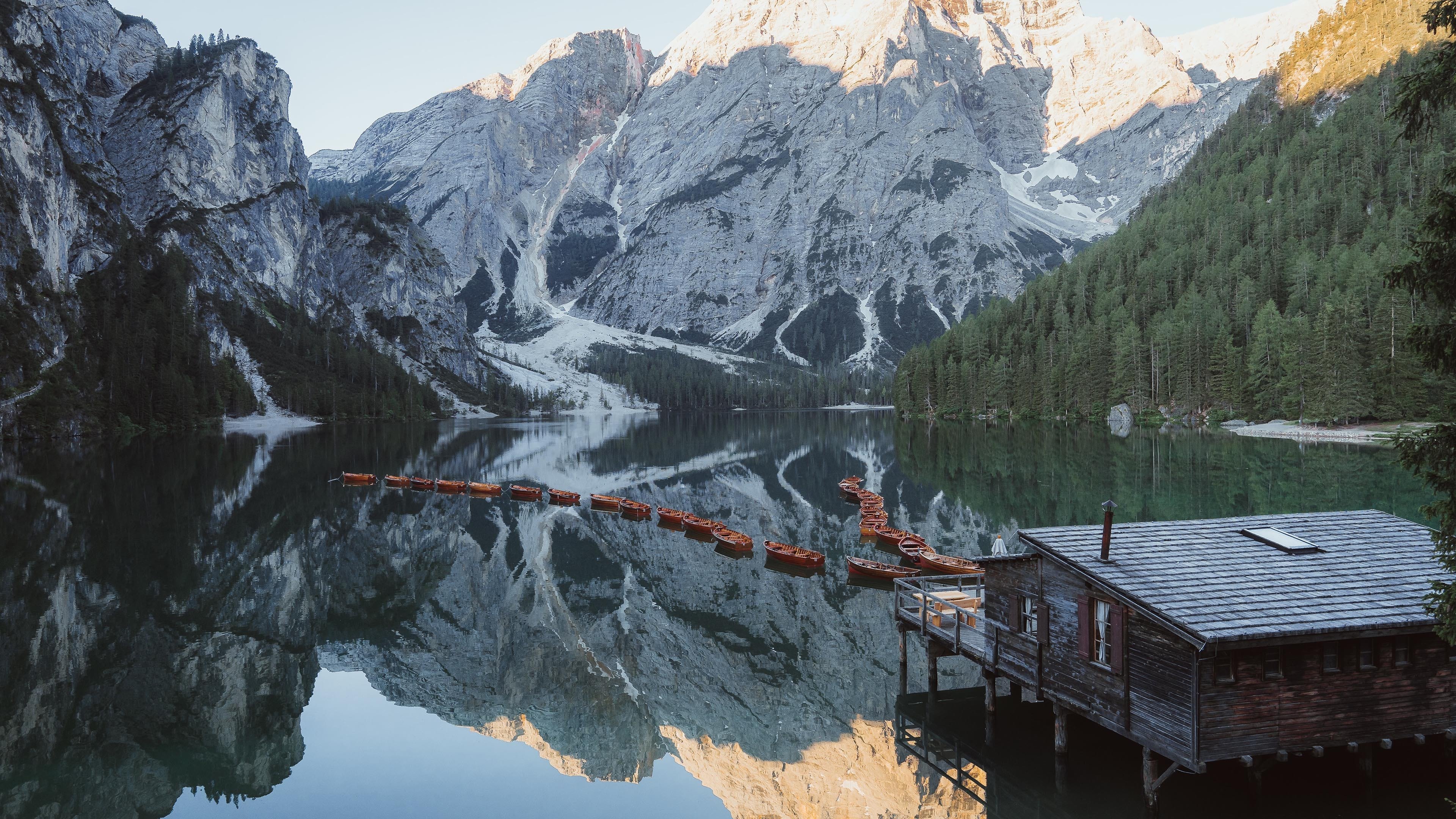 自然风光 小屋 雪山 小船 世外仙境