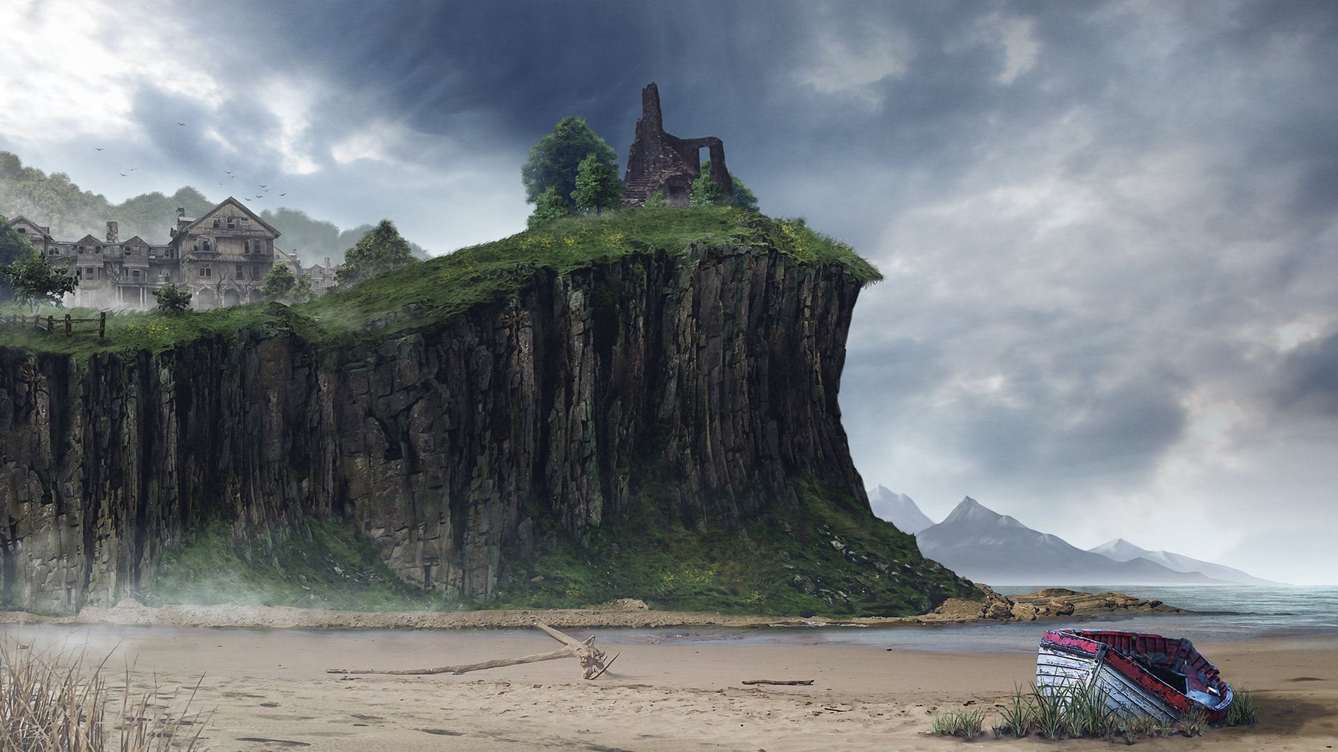 海洋天堂 海滩 悬崖 城堡 舟