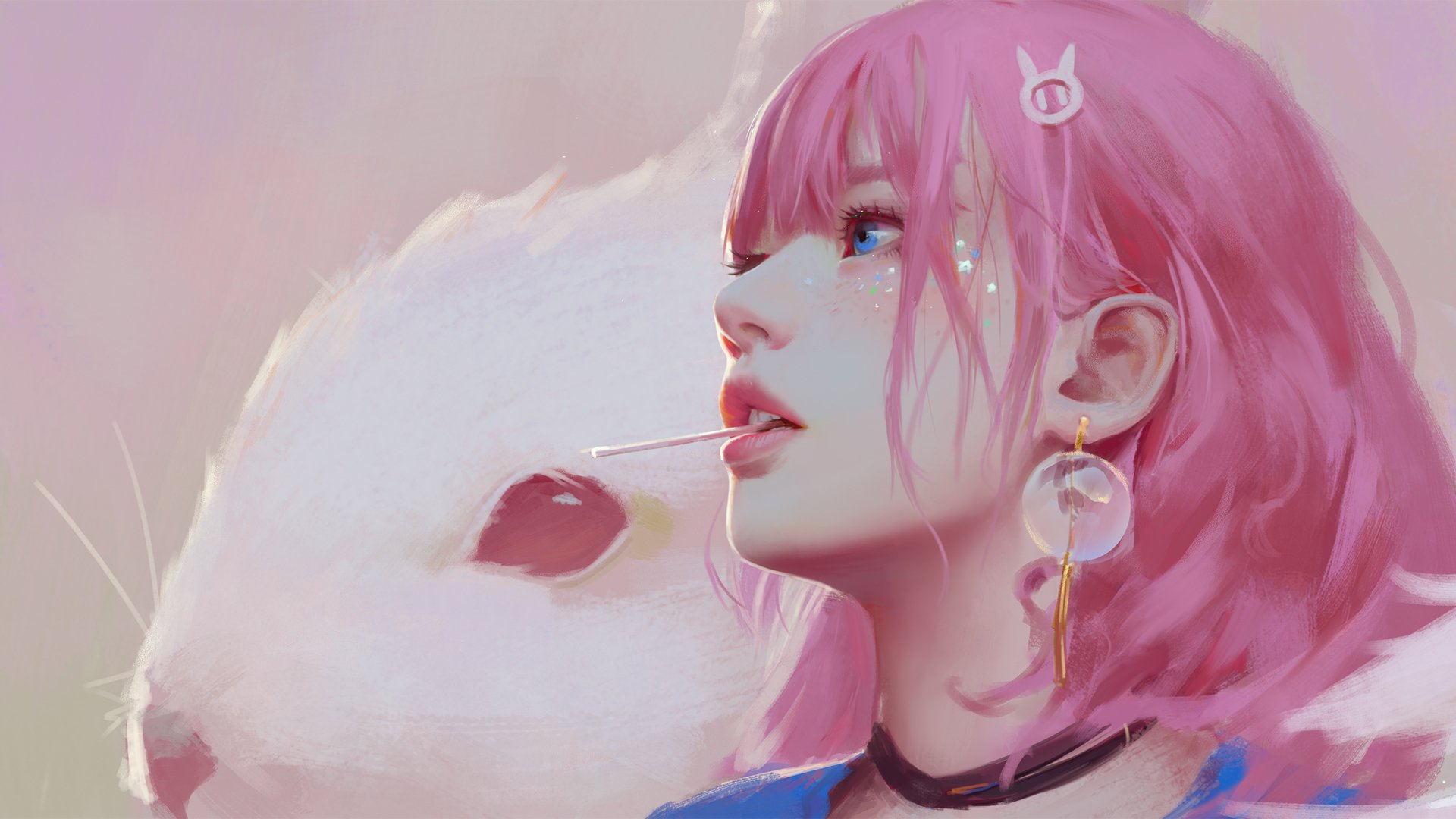 粉色头发美女  蓝色眼睛  二次元动漫