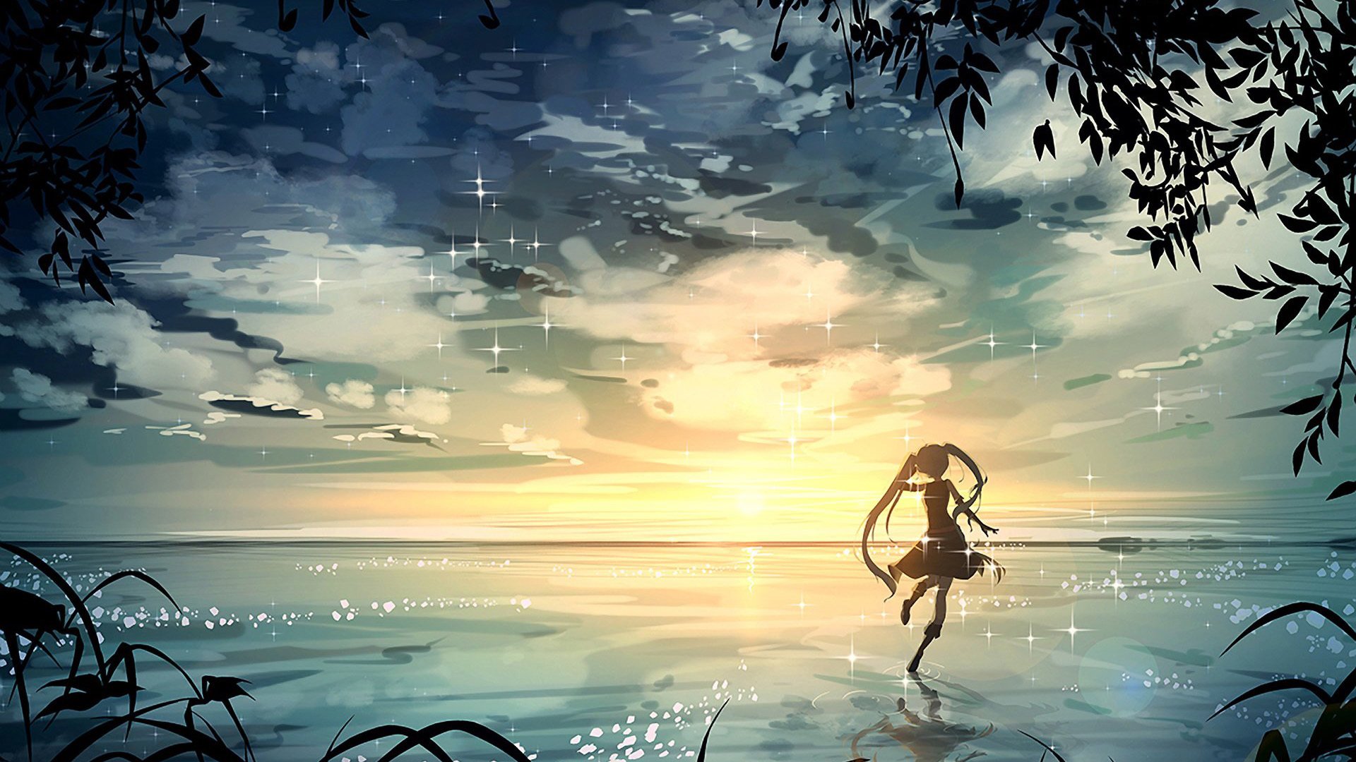 二次元 初音 日落 星星 闪亮