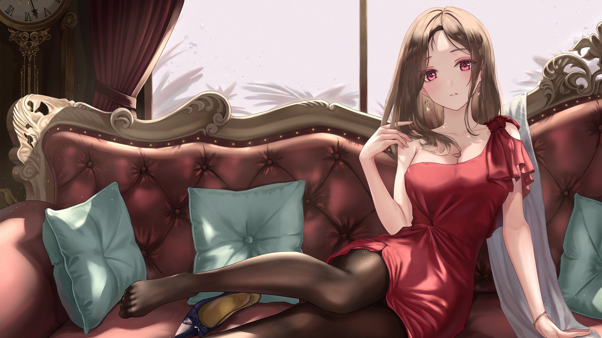 动漫  沙发  可爱女子  红色裙子  美腿  丝袜