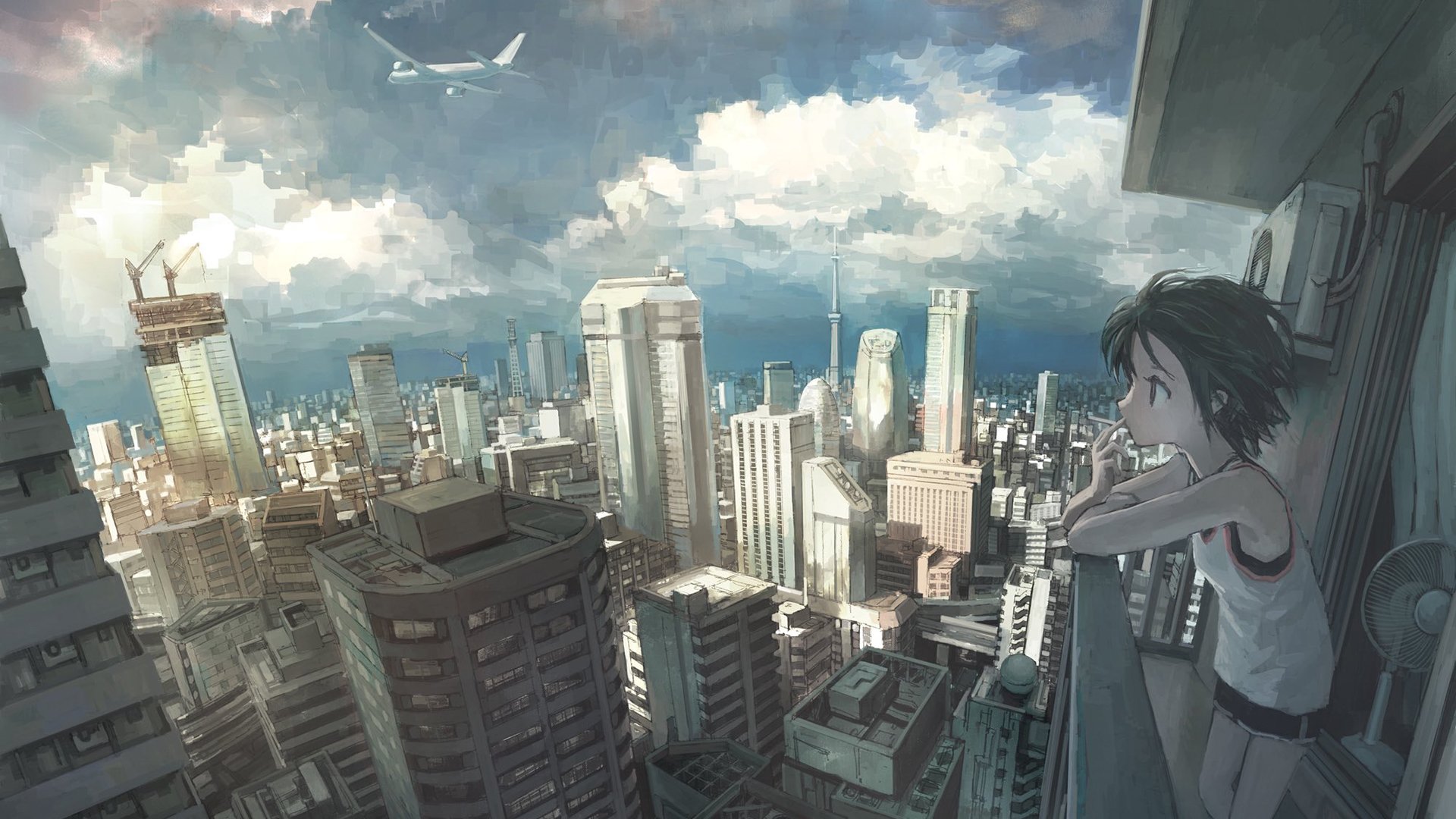 都市 阳台 抽烟 飞机 彷徨